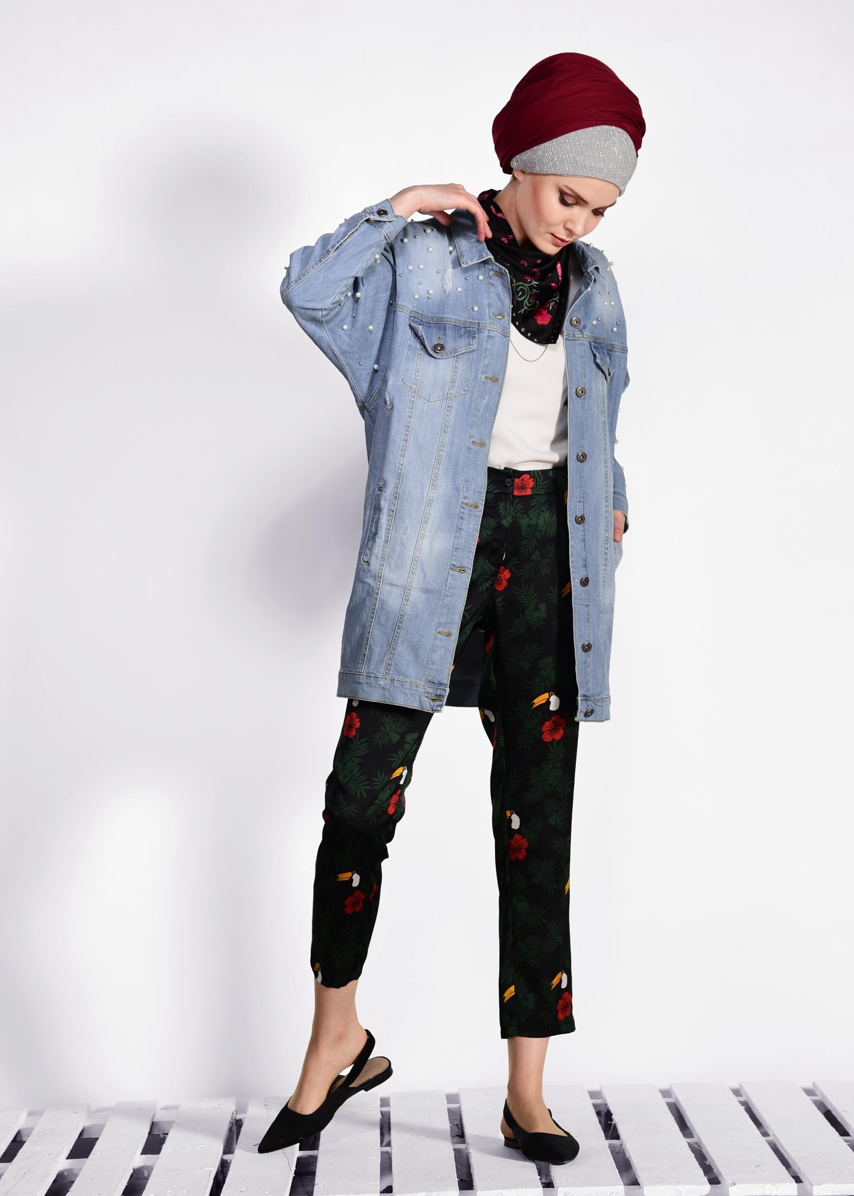 Tesettür giyim MAVİ YARASA KOL İNCİLİ DENİM CEKET 4168