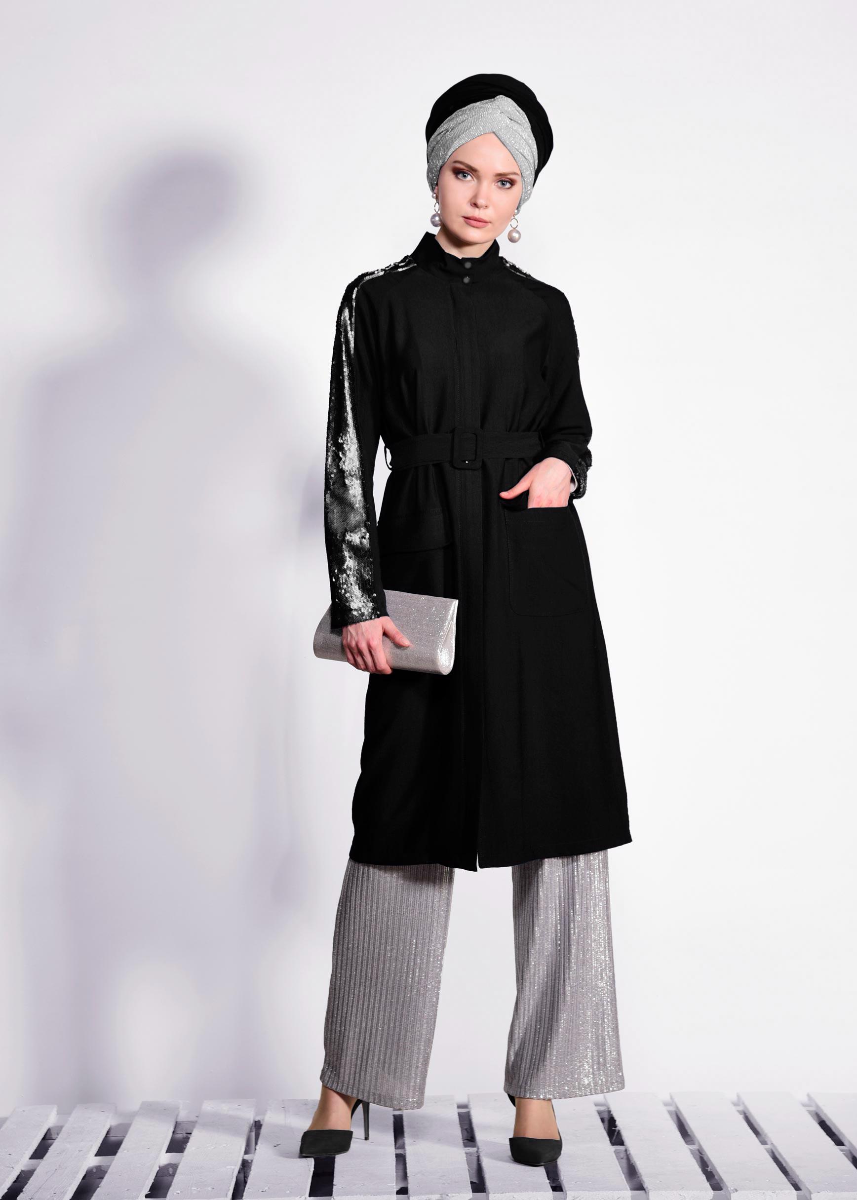 Tesettür giyim SİYAH KOLLARI PUL PAYETLİ KEMERLİ GİY ÇIK 4177