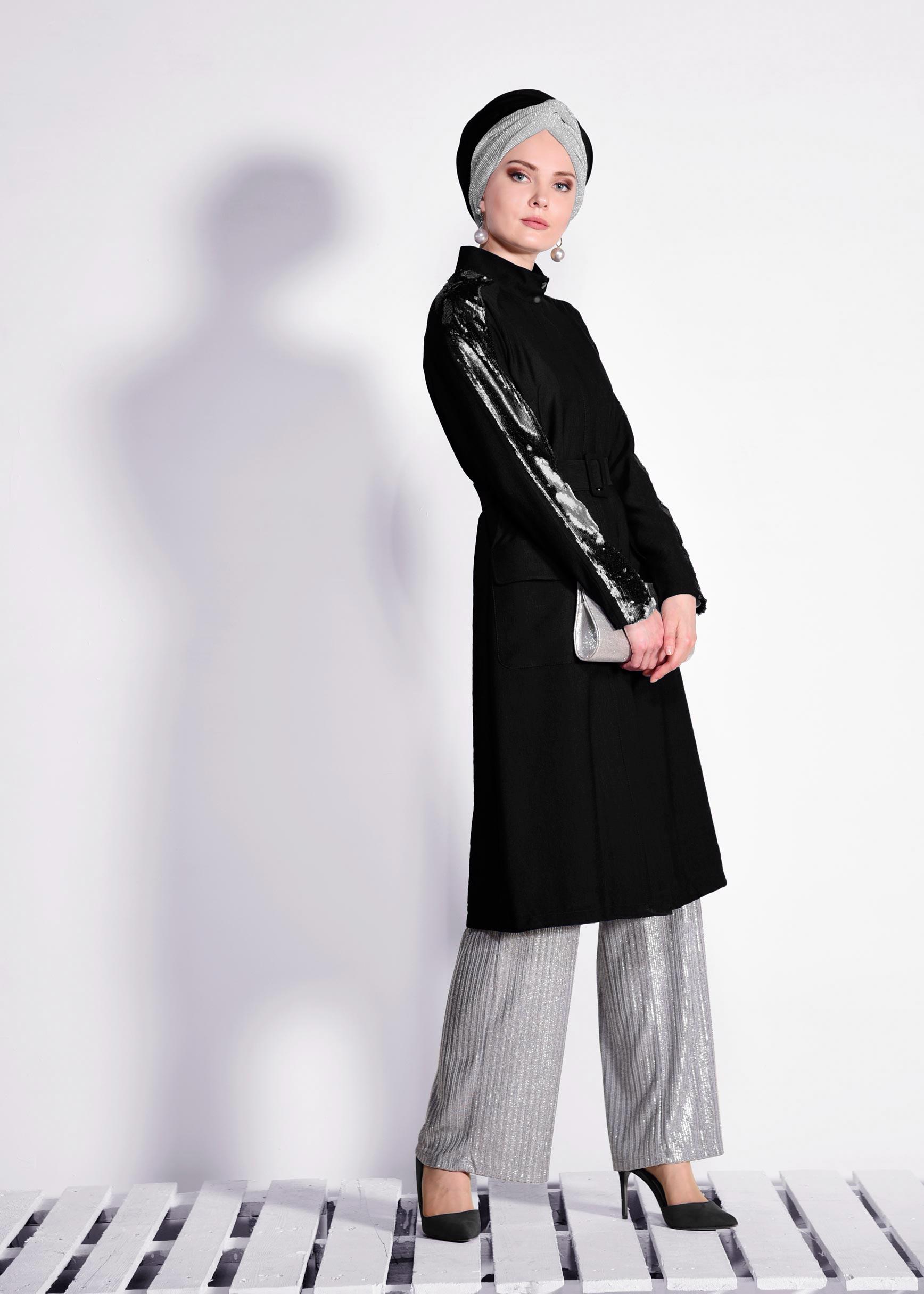 Tesettür giyim SİYAH KOLLARI PUL PAYETLİ KEMERLİ GİY ÇIK 4177