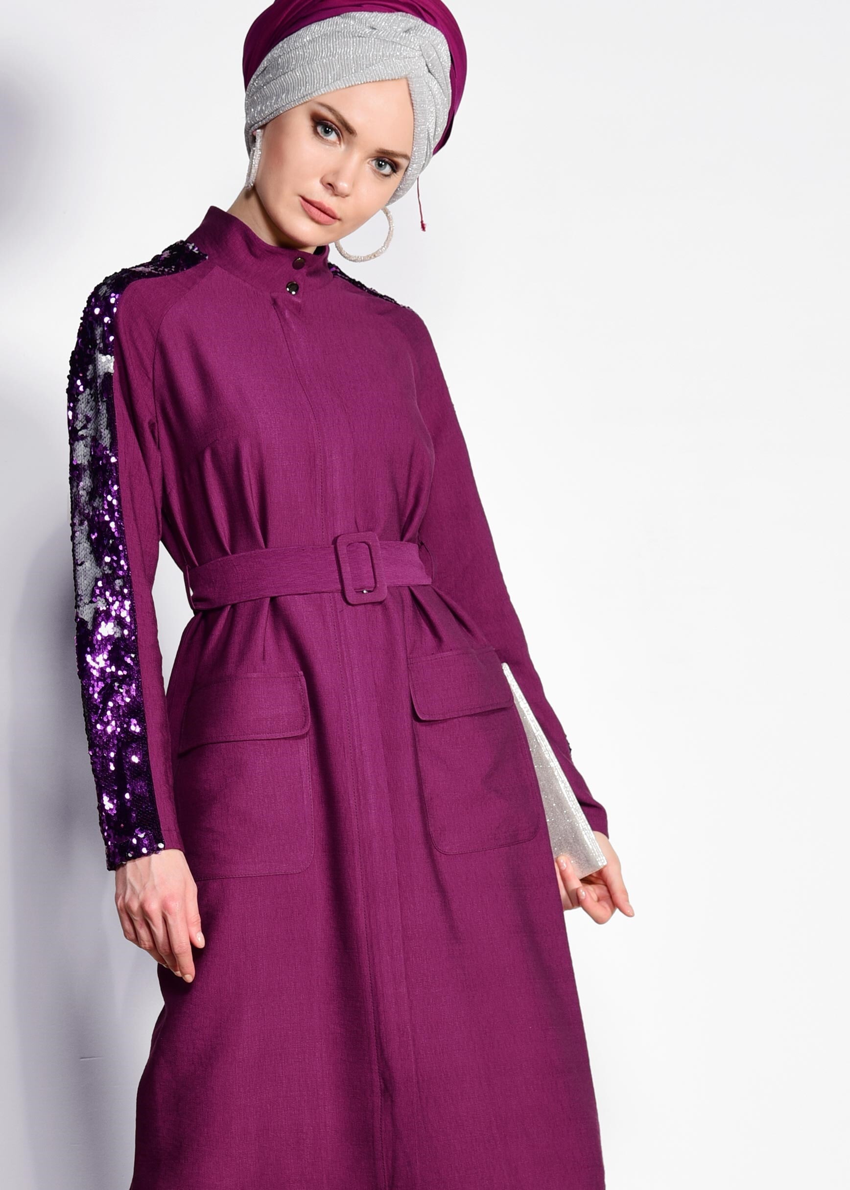 Tesettür giyim MOR KOLLARI PUL PAYETLİ KEMERLİ GİY ÇIK 4177