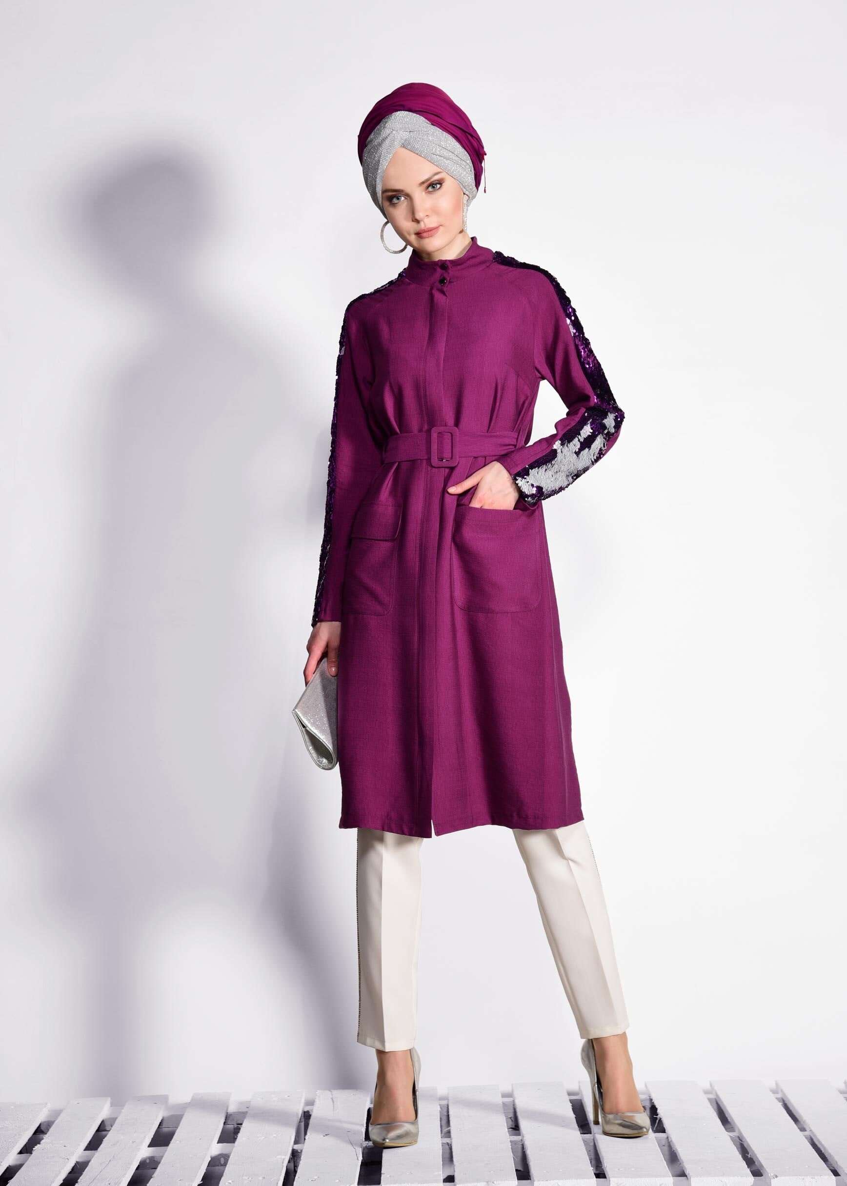 Tesettür giyim MOR KOLLARI PUL PAYETLİ KEMERLİ GİY ÇIK 4177