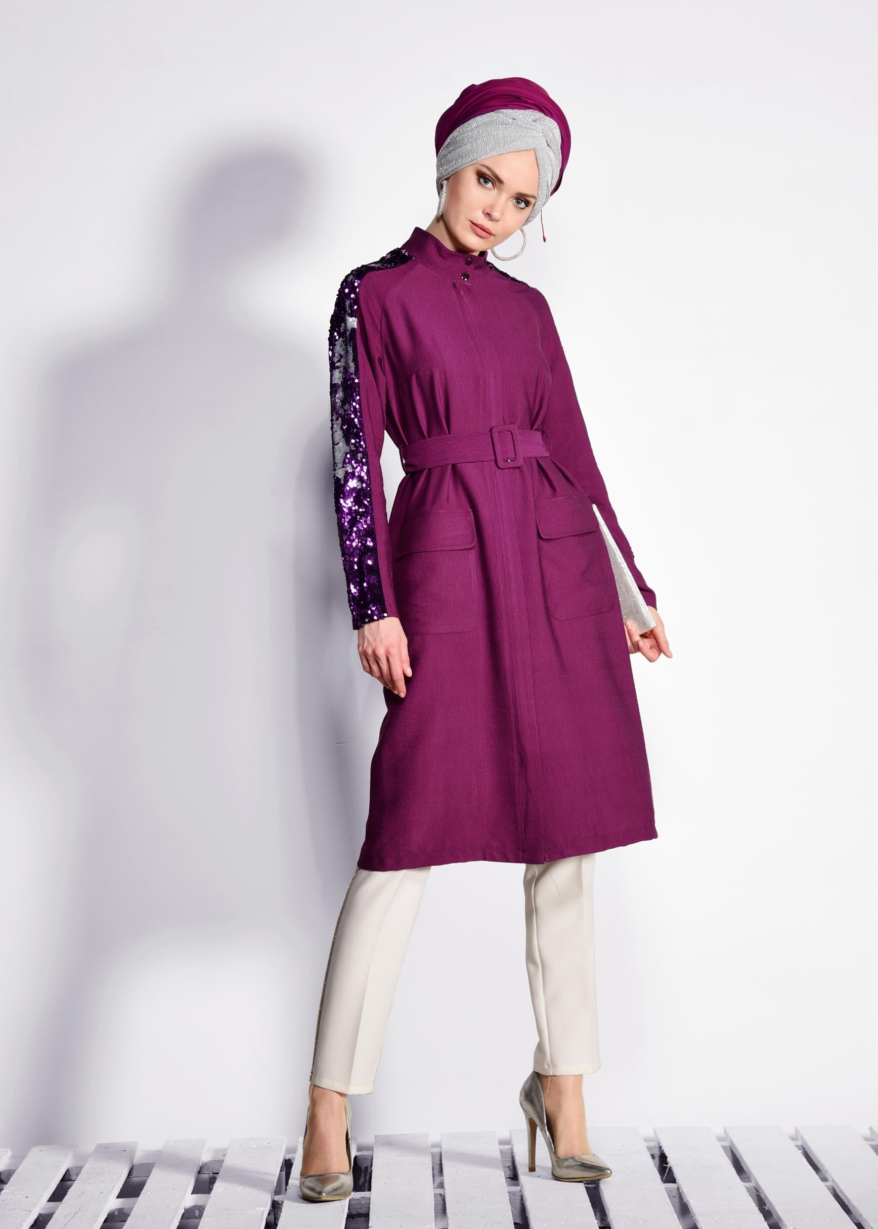 Tesettür giyim MOR KOLLARI PUL PAYETLİ KEMERLİ GİY ÇIK 4177