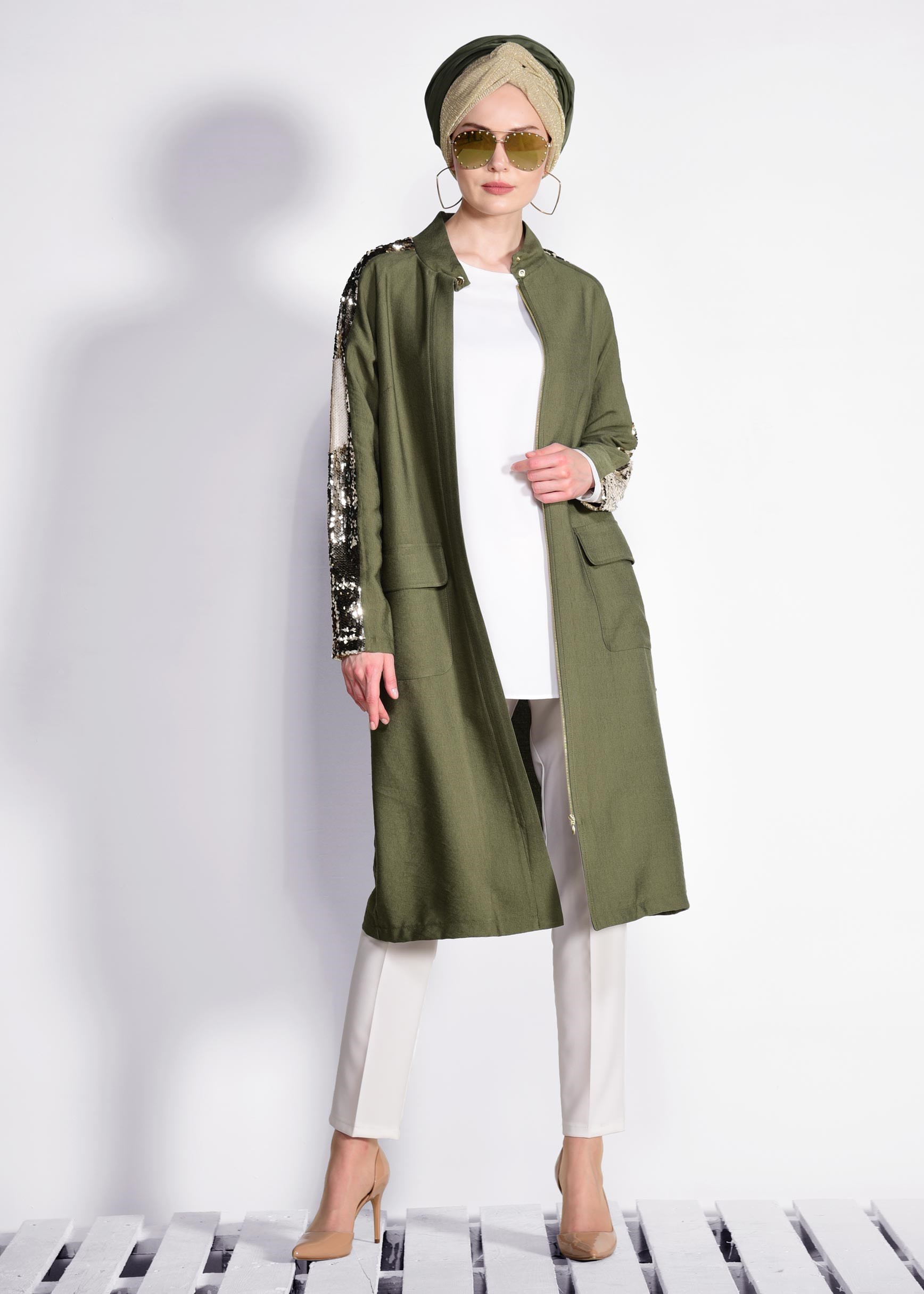 Tesettür giyim HAKİ KOLLARI PUL PAYETLİ KEMERLİ GİY ÇIK 4177