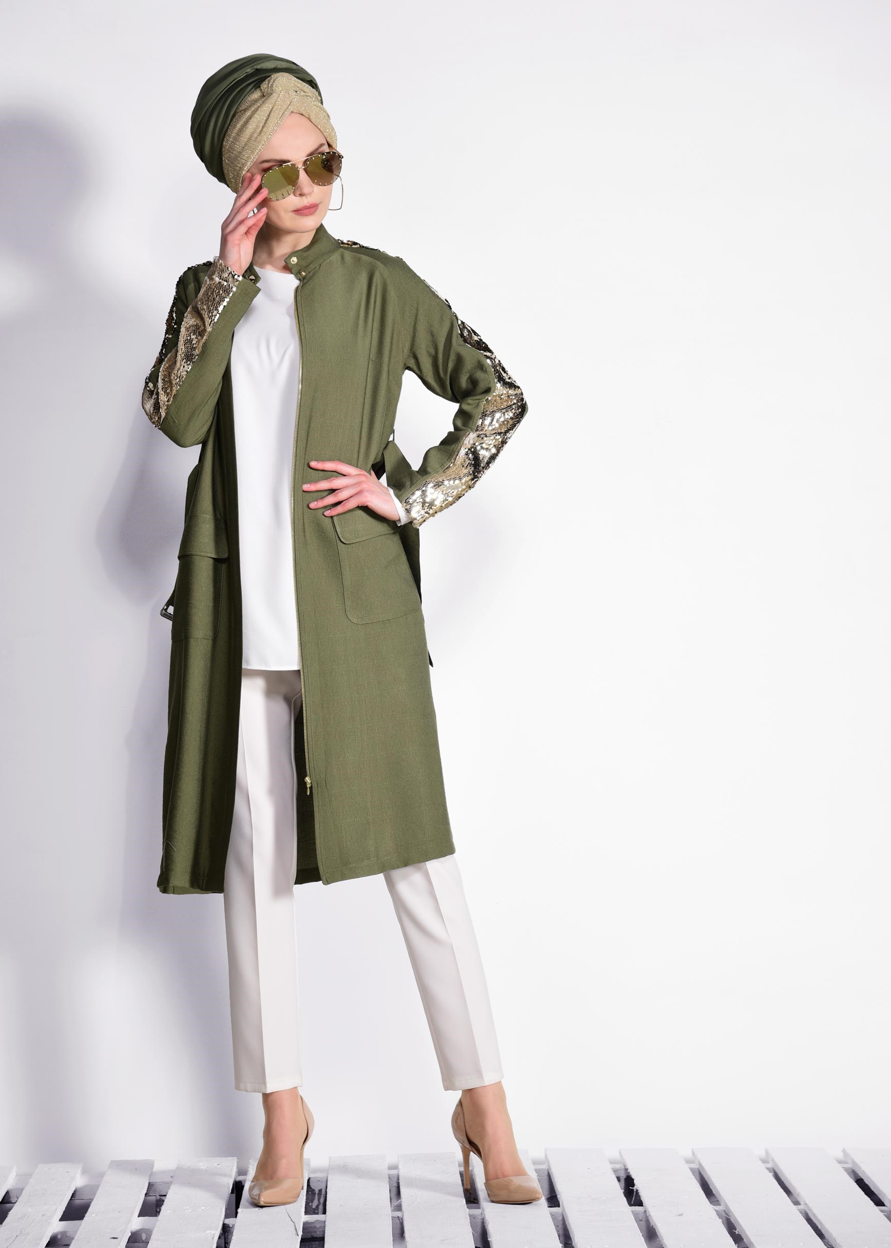 Tesettür giyim HAKİ KOLLARI PUL PAYETLİ KEMERLİ GİY ÇIK 4177