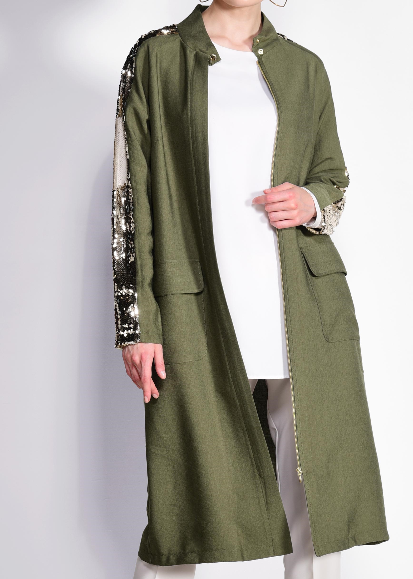 Tesettür giyim HAKİ KOLLARI PUL PAYETLİ KEMERLİ GİY ÇIK 4177