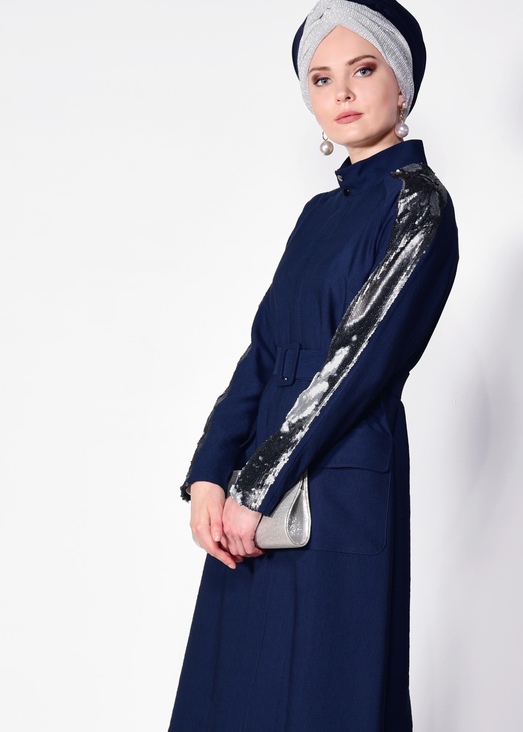 Tesettür giyim LACİVERT KOLLARI PUL PAYETLİ KEMERLİ GİY ÇIK 4177