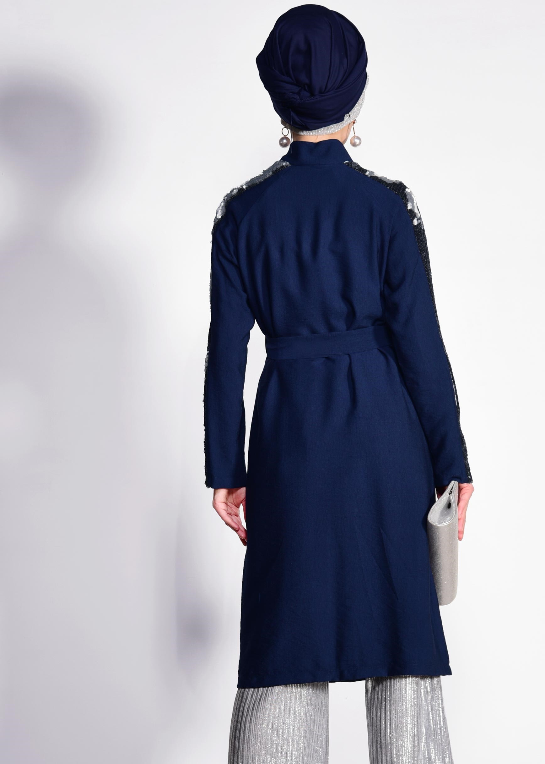 Tesettür giyim LACİVERT KOLLARI PUL PAYETLİ KEMERLİ GİY ÇIK 4177