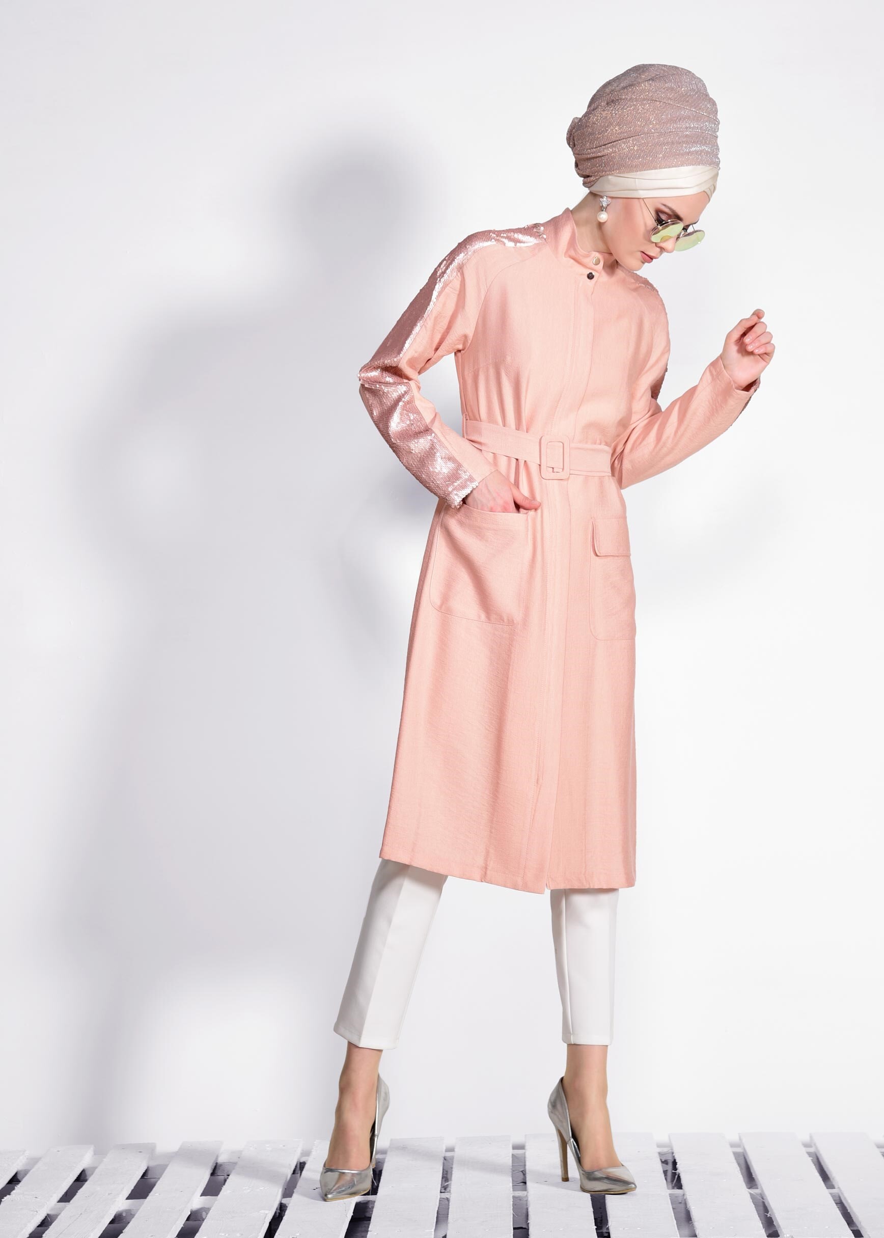 Tesettür giyim PUDRA KOLLARI PUL PAYETLİ KEMERLİ GİY ÇIK 4177