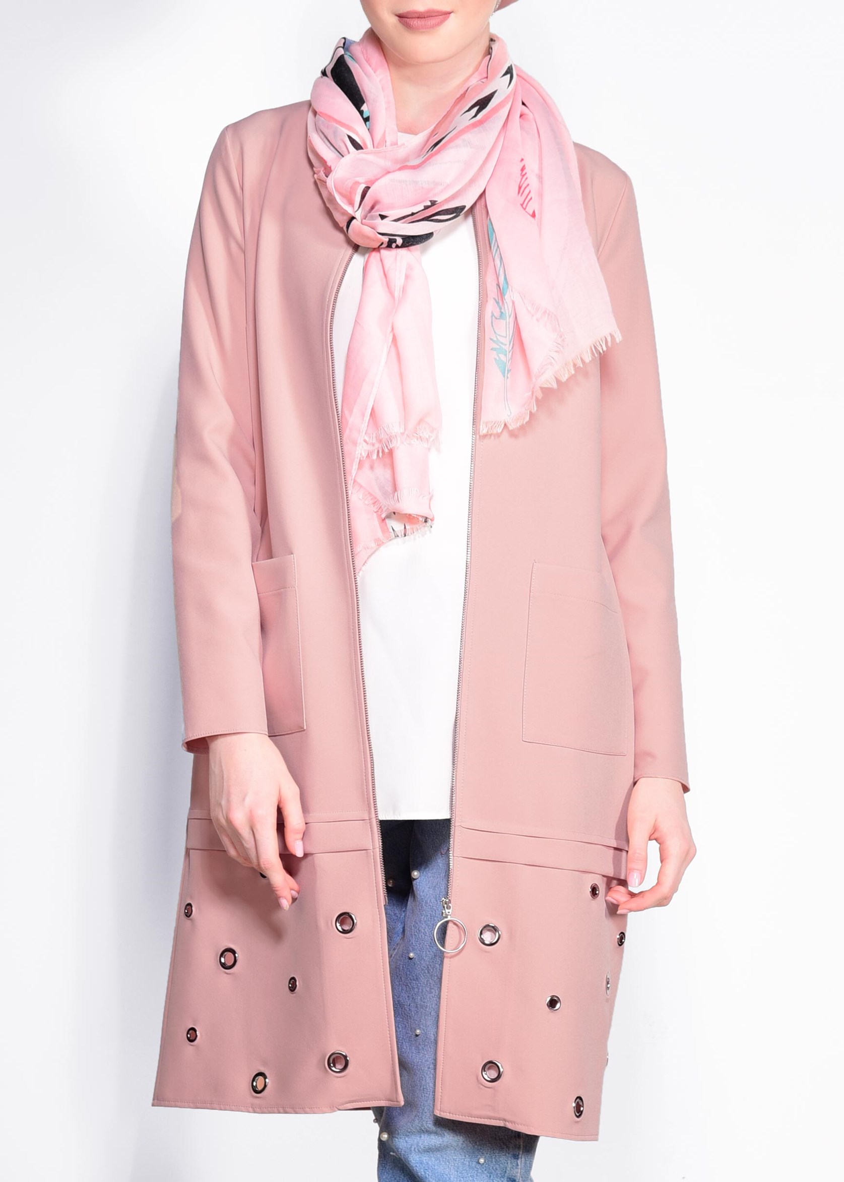 Tesettür giyim PUDRA ETEK UCU KUŞGÖZÜ DETAYLI FERMUARLI CEKET 4181