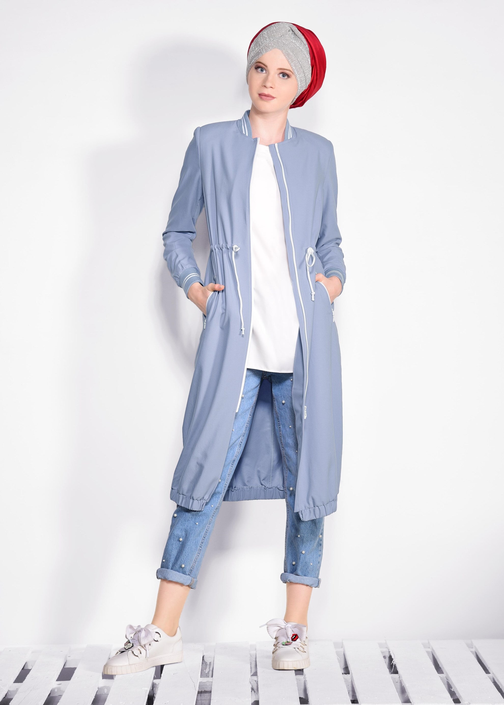 Tesettür giyim MAVİ ETEK UCU VE BELİ BÜZGÜLÜ GİY ÇIK 4233 