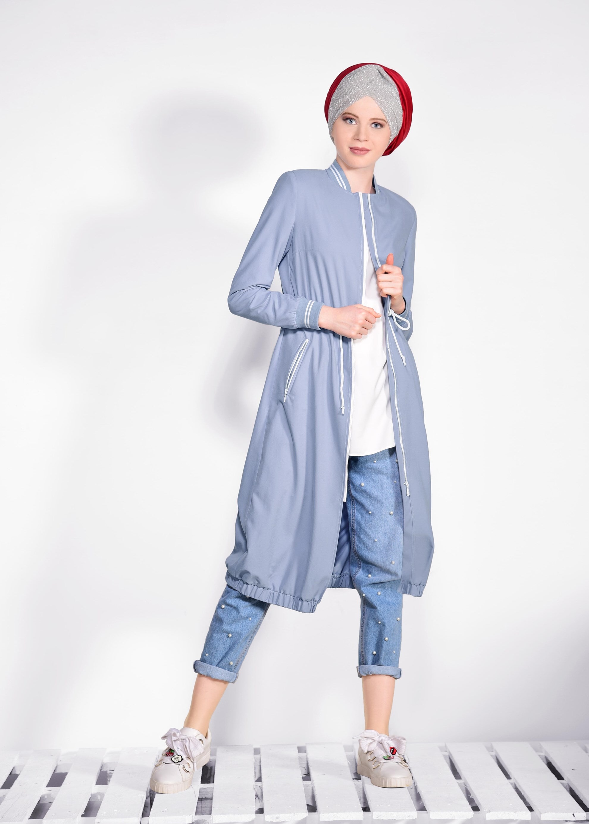 Tesettür giyim MAVİ ETEK UCU VE BELİ BÜZGÜLÜ GİY ÇIK 4233 