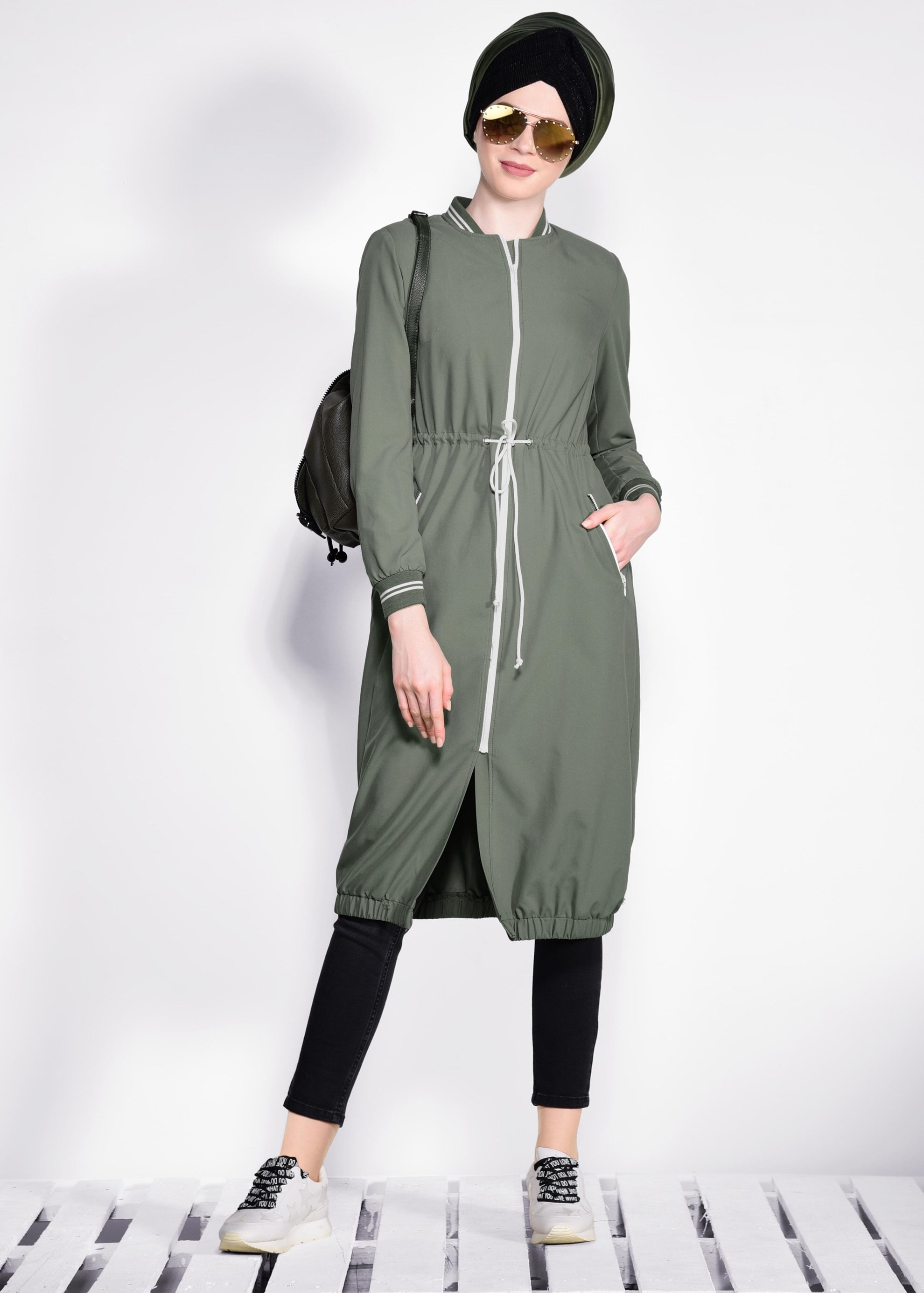 Tesettür giyim HAKİ ETEK UCU VE BELİ BÜZGÜLÜ GİY ÇIK 4233 