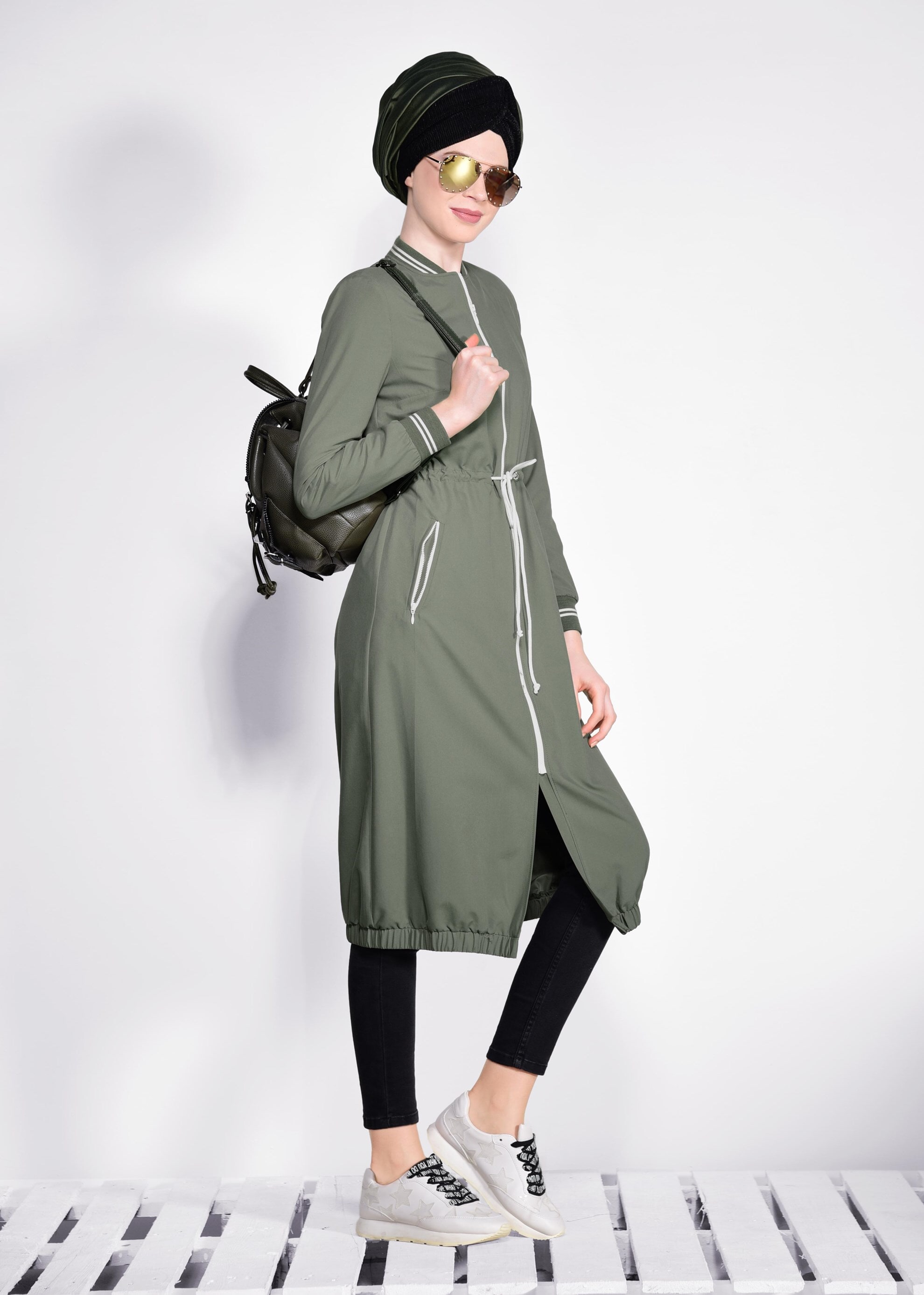 Tesettür giyim HAKİ ETEK UCU VE BELİ BÜZGÜLÜ GİY ÇIK 4233 