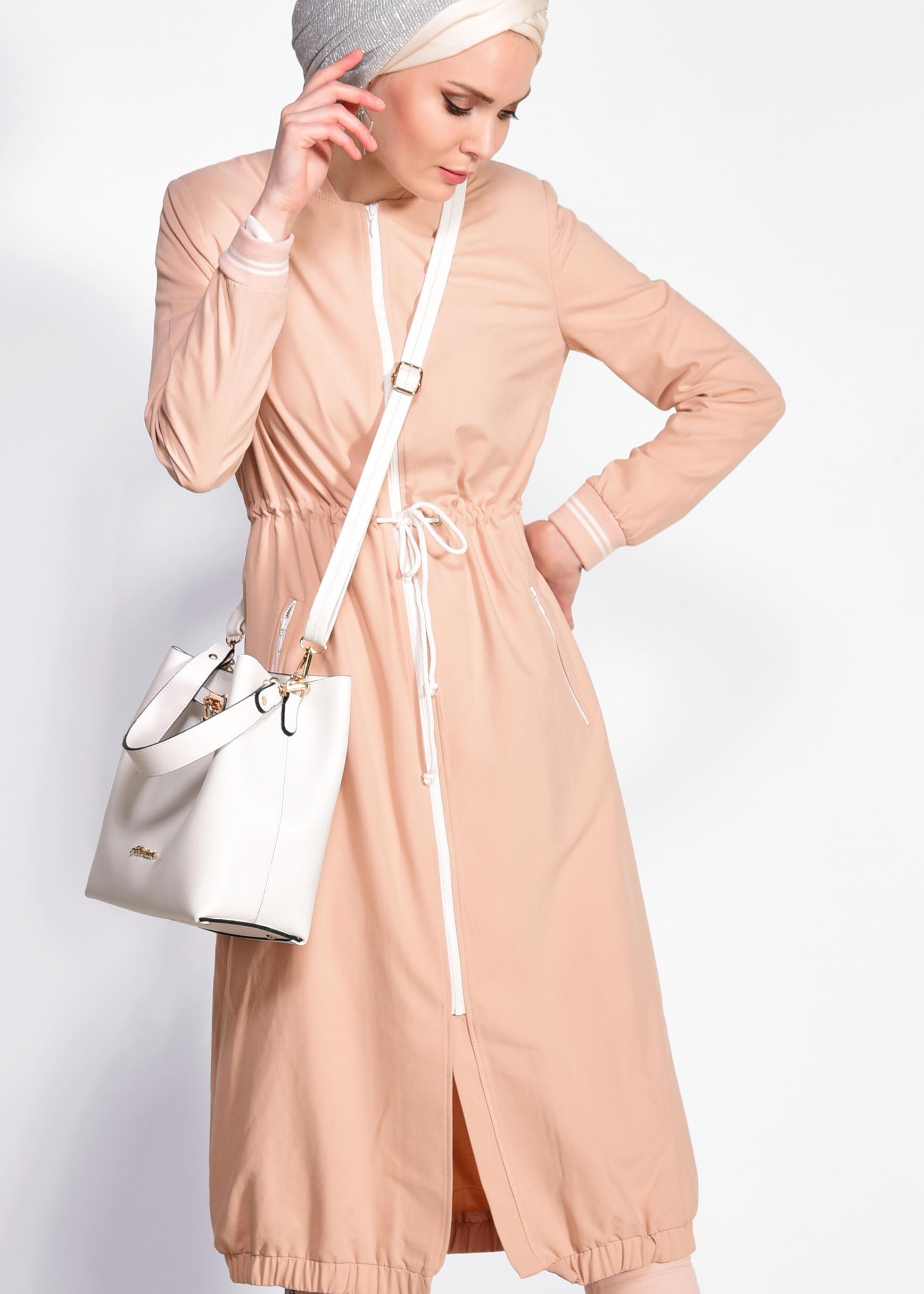 Tesettür giyim PUDRA ETEK UCU VE BELİ BÜZGÜLÜ GİY ÇIK 4233 