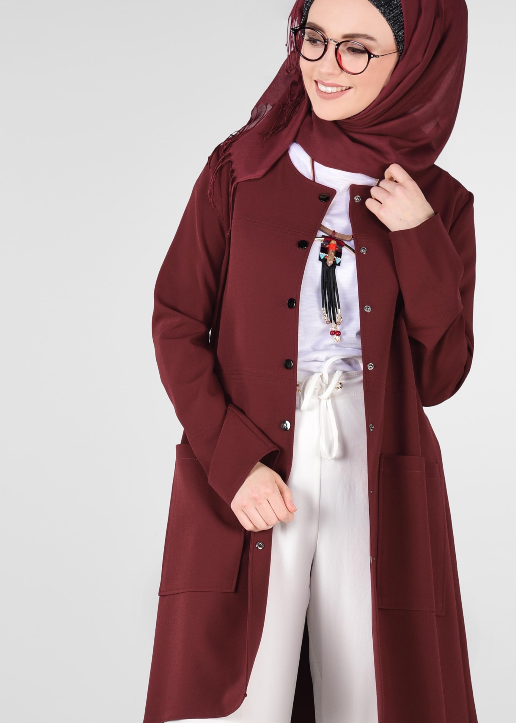 Tesettür giyim BORDO YUVARLAK YAKA ÇITÇITLI CEKET 4973