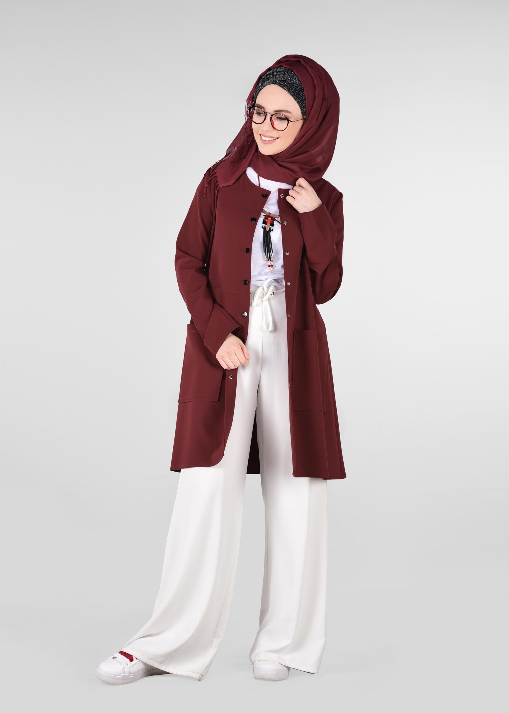 Tesettür giyim BORDO YUVARLAK YAKA ÇITÇITLI CEKET 4973