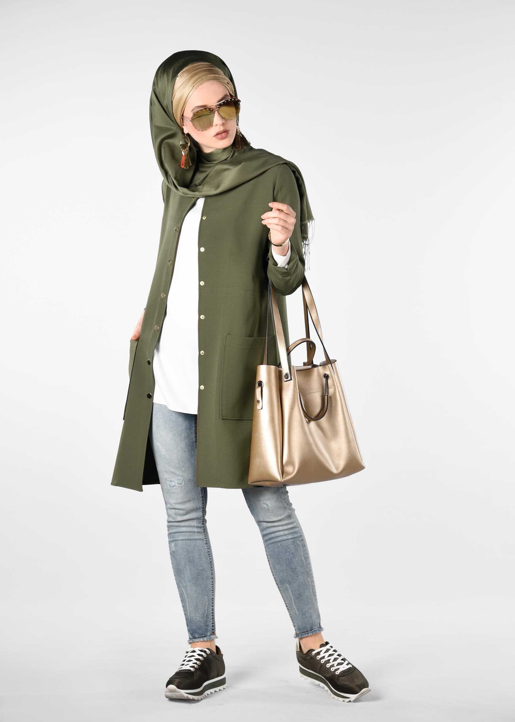 Tesettür giyim HAKİ YUVARLAK YAKA ÇITÇITLI CEKET 4973