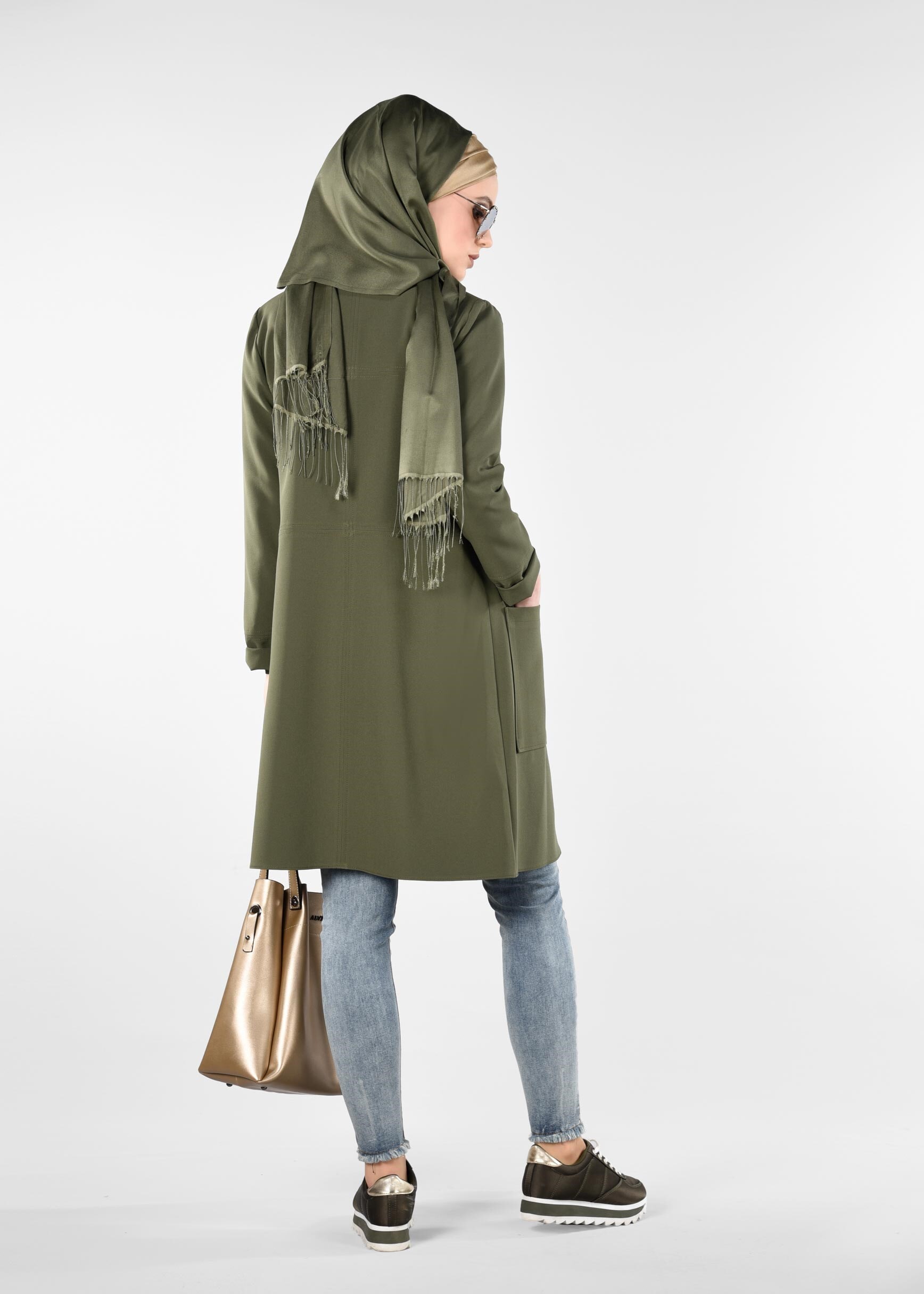 Tesettür giyim HAKİ YUVARLAK YAKA ÇITÇITLI CEKET 4973