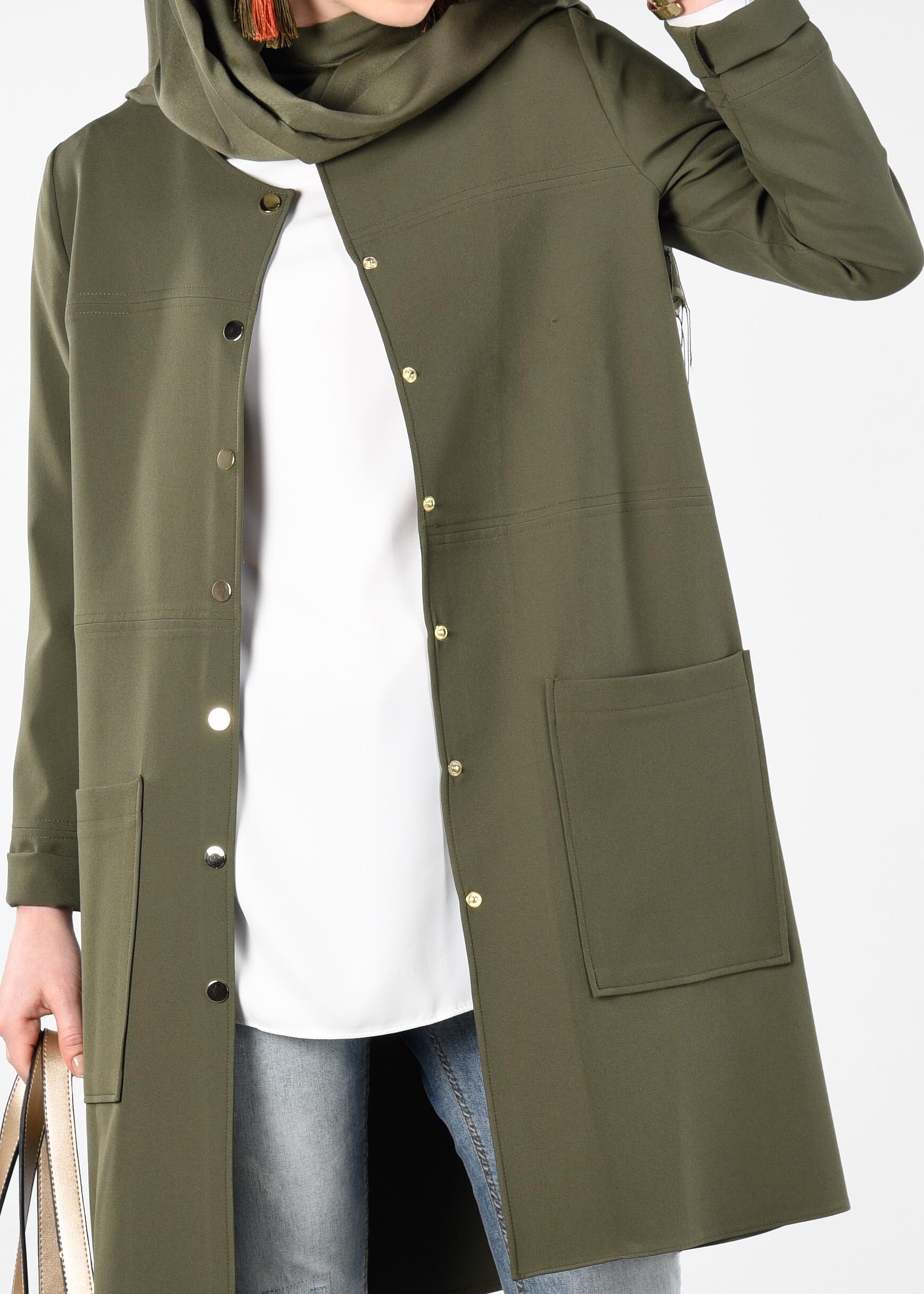 Tesettür giyim HAKİ YUVARLAK YAKA ÇITÇITLI CEKET 4973