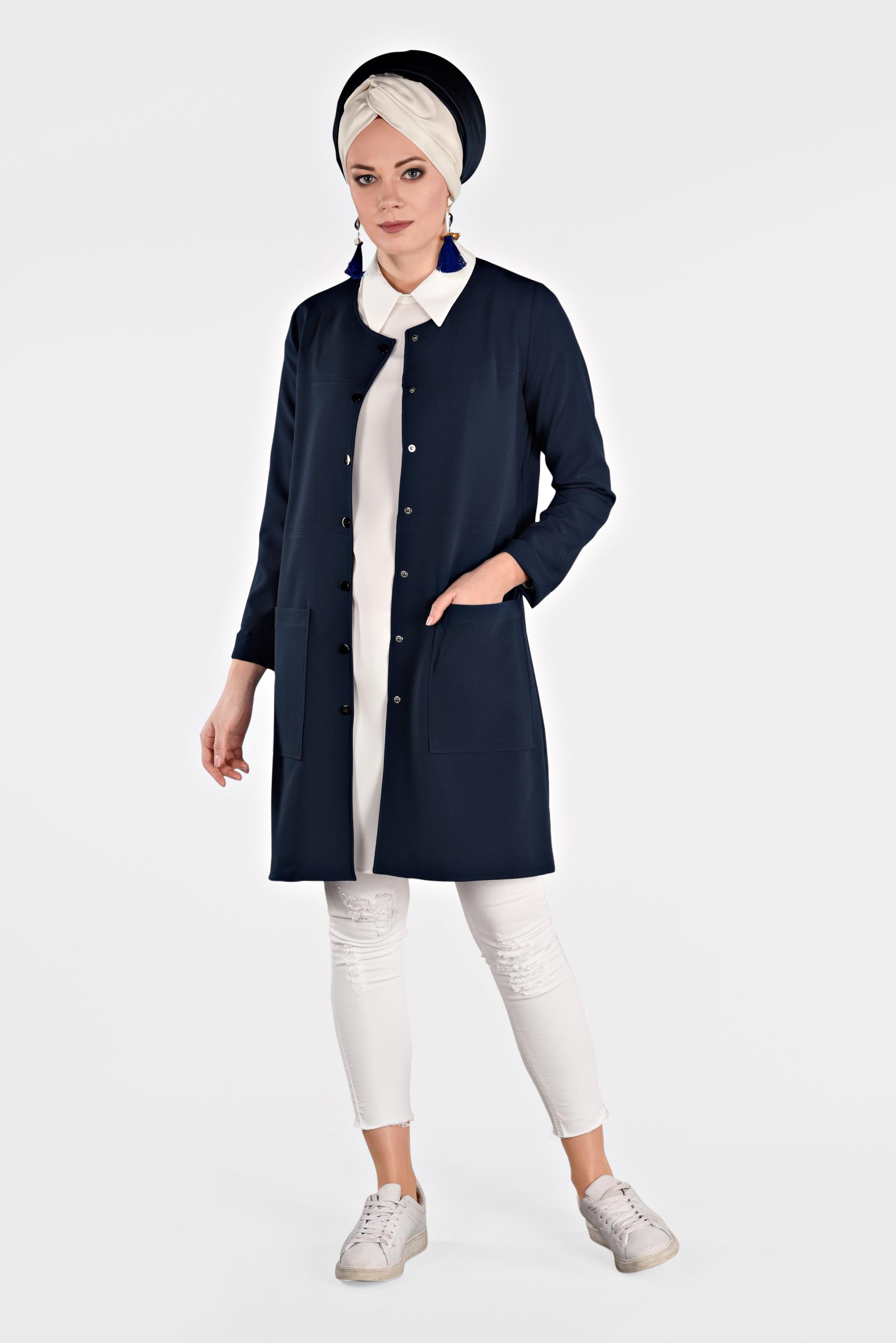 Tesettür giyim LACİVERT YUVARLAK YAKA ÇITÇITLI CEKET 4973