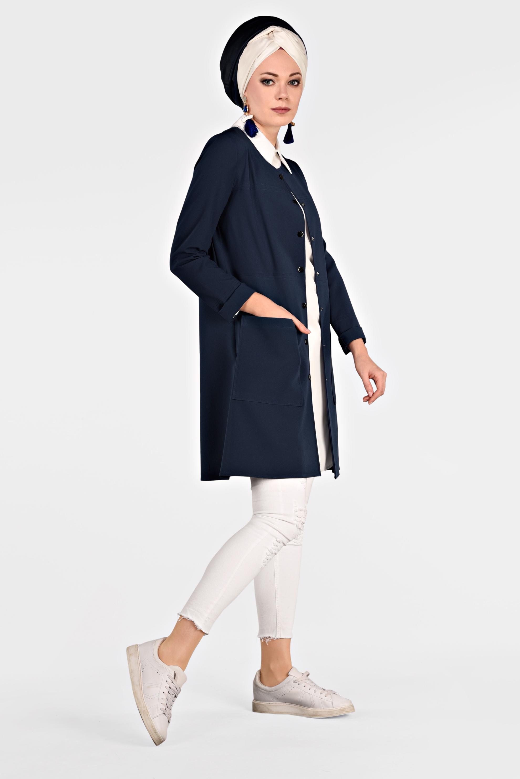 Tesettür giyim LACİVERT YUVARLAK YAKA ÇITÇITLI CEKET 4973