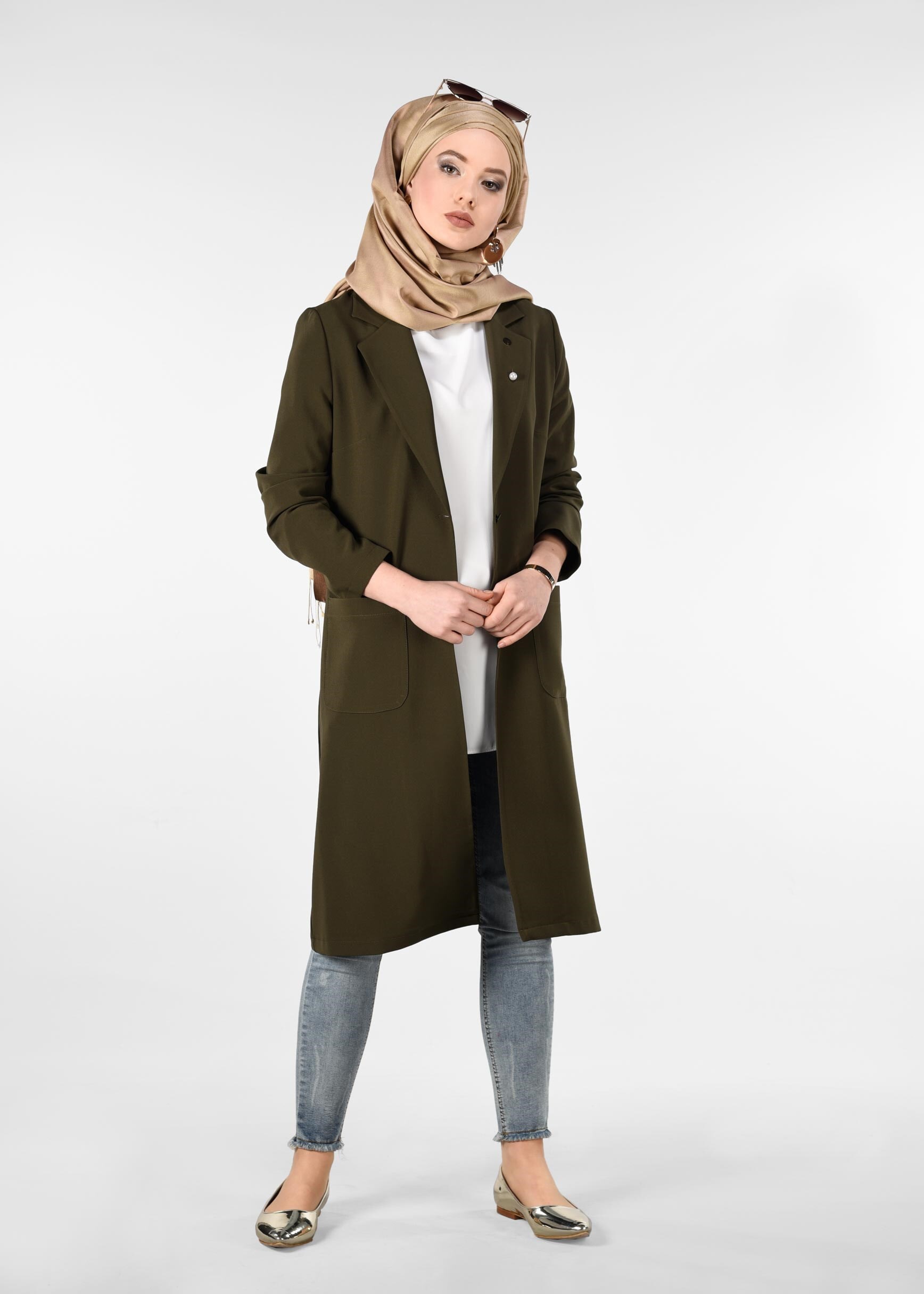 Tesettür giyim HAKİ CEPLİ KLASİK KESİM CEKET 4979