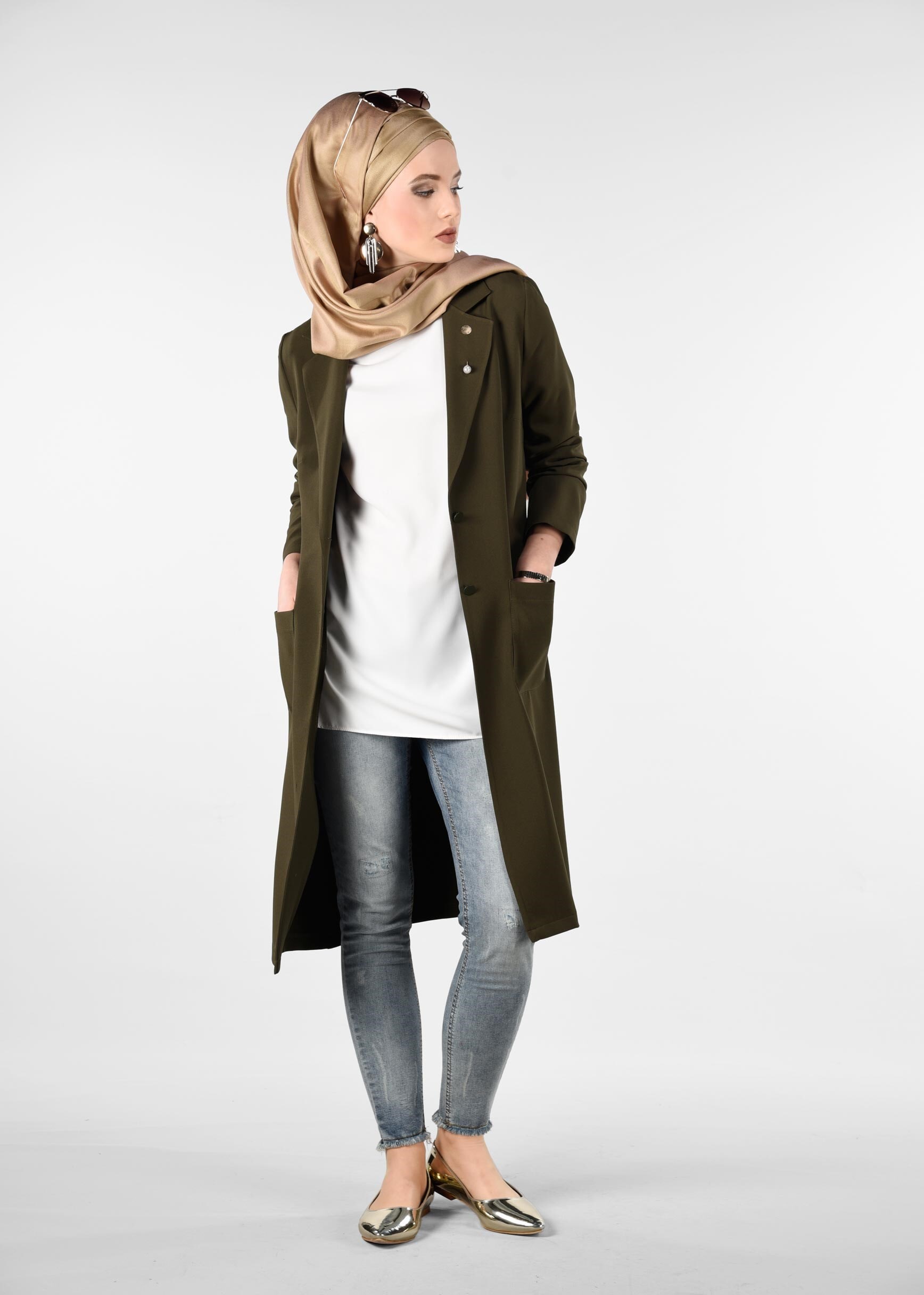 Tesettür giyim HAKİ CEPLİ KLASİK KESİM CEKET 4979