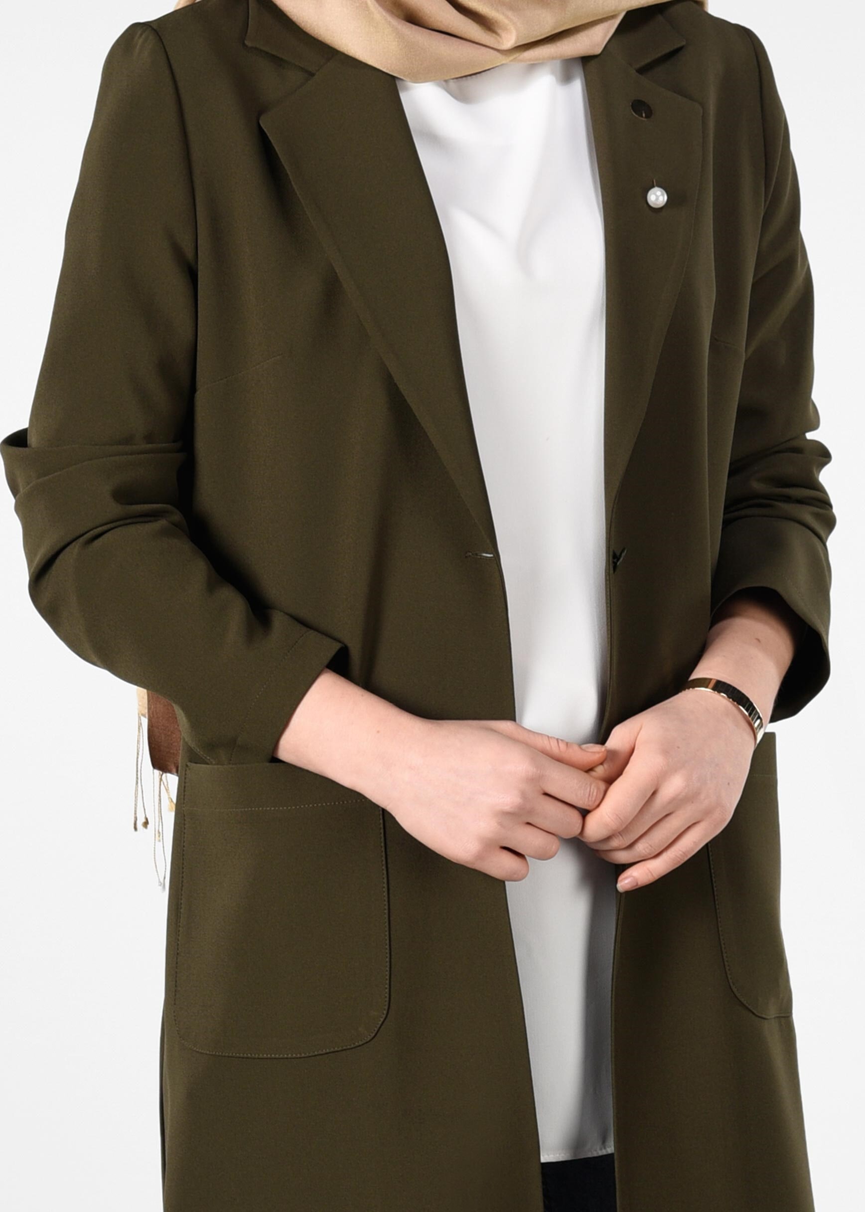 Tesettür giyim HAKİ CEPLİ KLASİK KESİM CEKET 4979