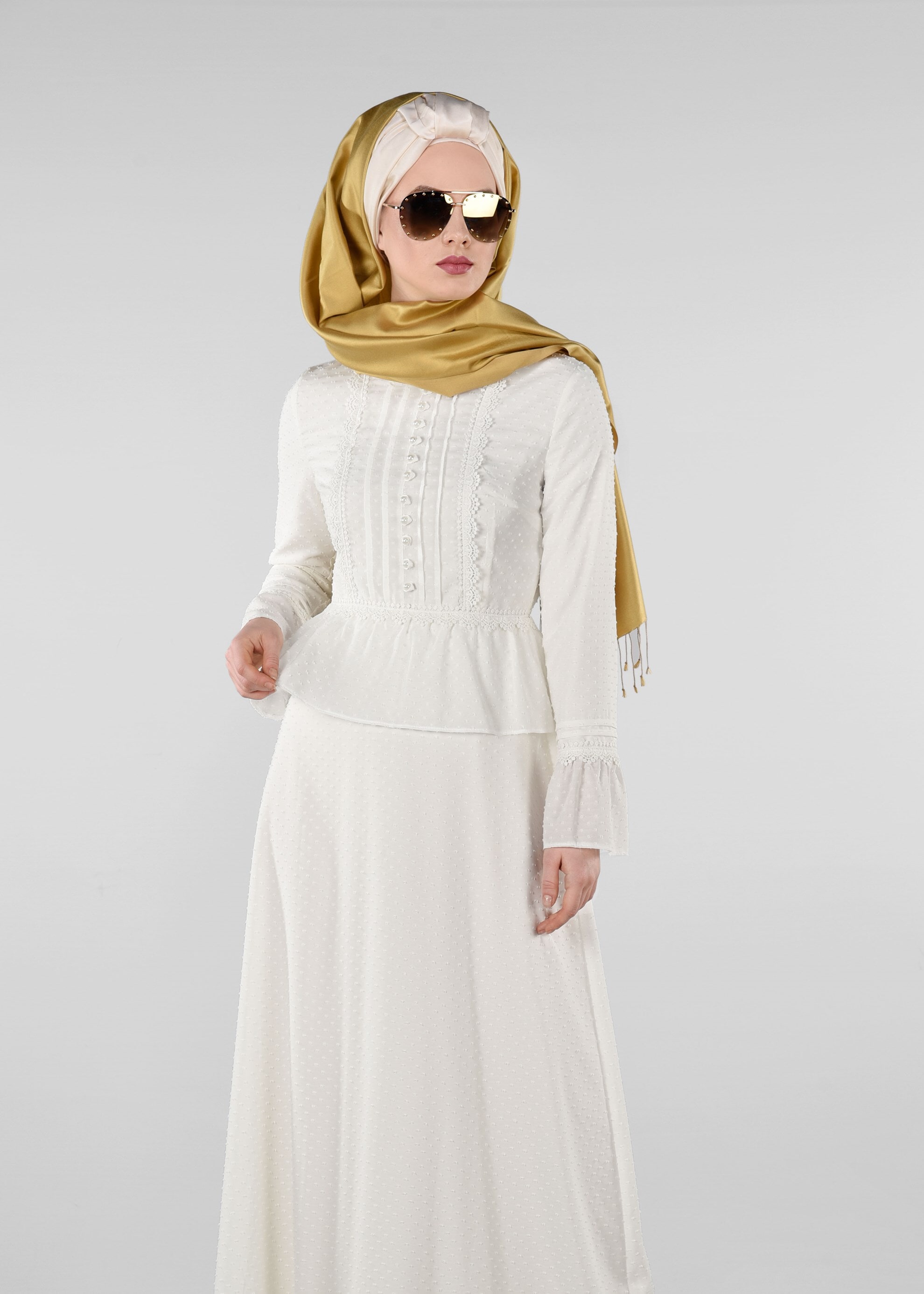 Tesettür giyim BEYAZ GÜPÜR DETAYLI DESENLİ ELBİSE 4054