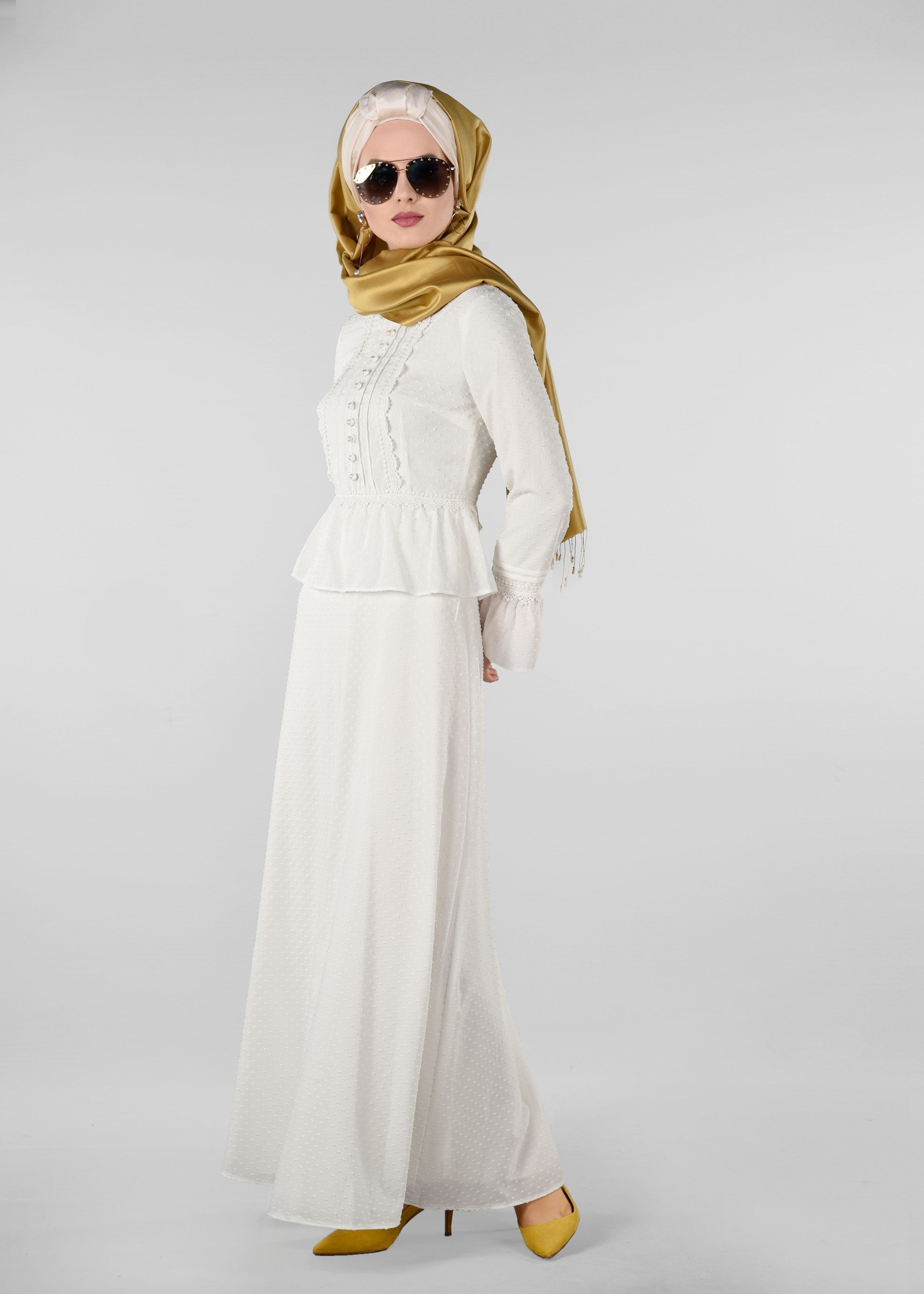 Tesettür giyim BEYAZ GÜPÜR DETAYLI DESENLİ ELBİSE 4054