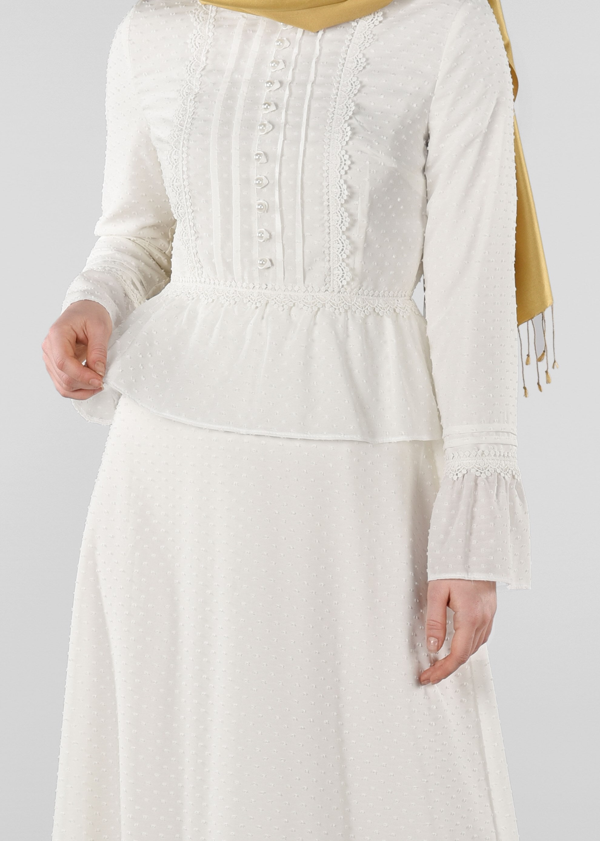 Tesettür giyim BEYAZ GÜPÜR DETAYLI DESENLİ ELBİSE 4054