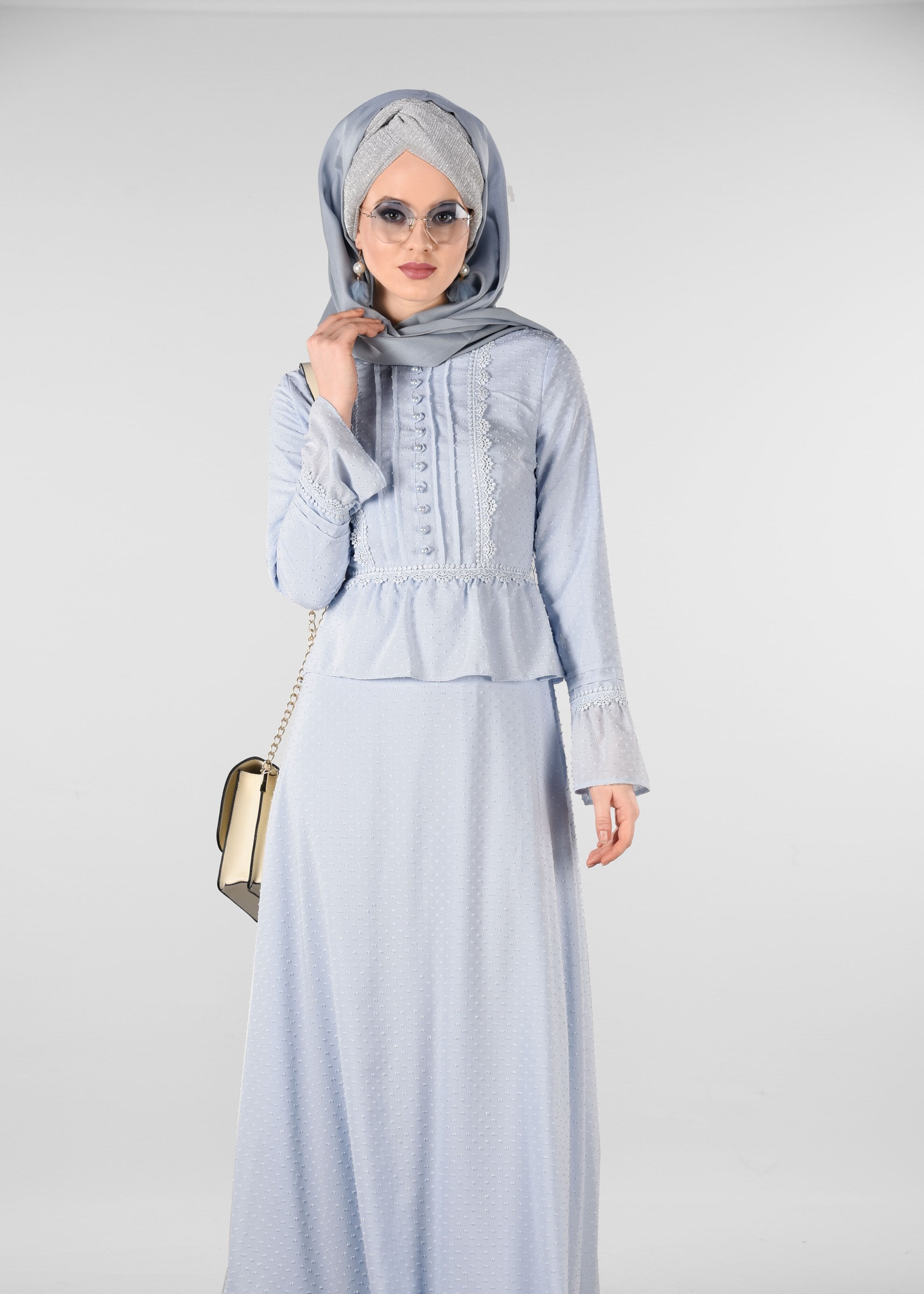 Tesettür giyim MAVİ GÜPÜR DETAYLI DESENLİ ELBİSE 4054