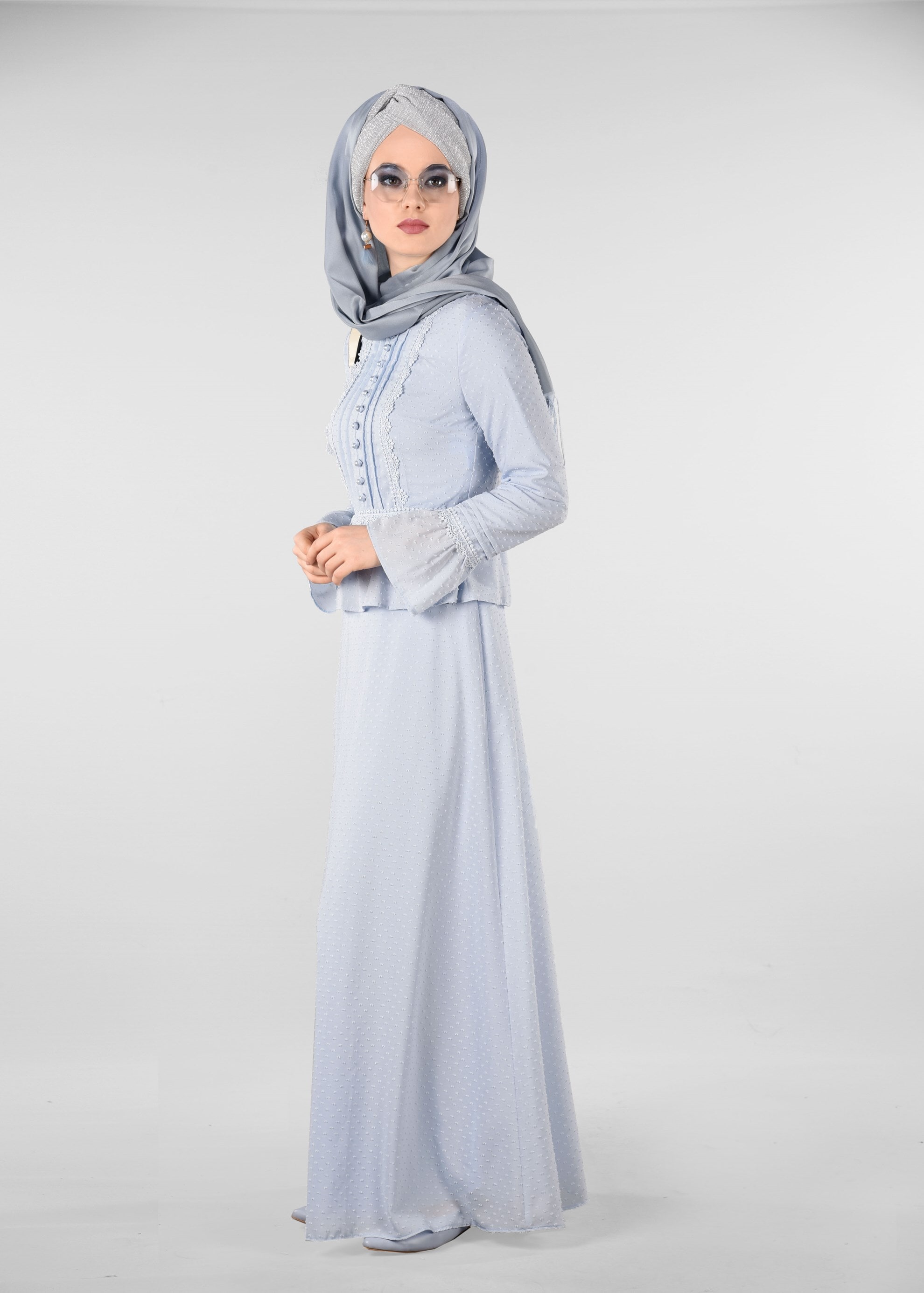 Tesettür giyim MAVİ GÜPÜR DETAYLI DESENLİ ELBİSE 4054