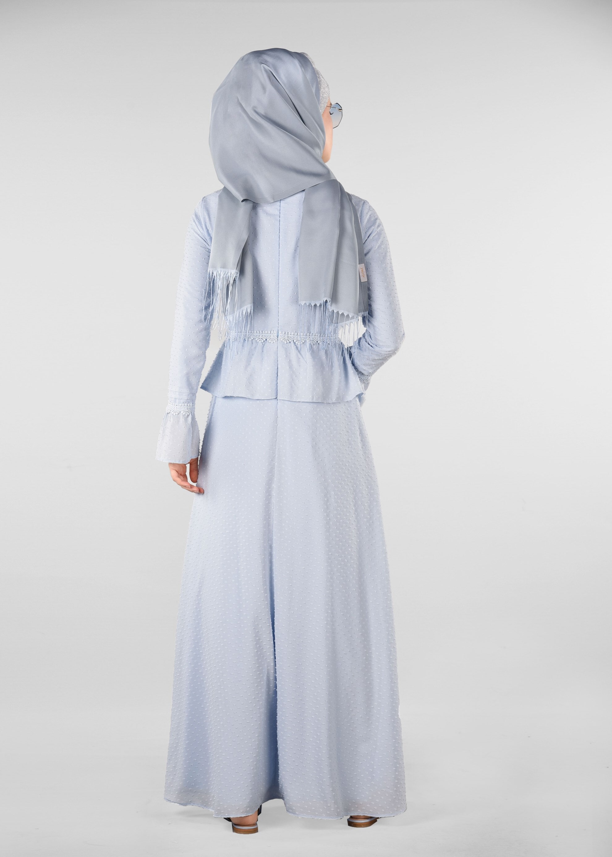 Tesettür giyim MAVİ GÜPÜR DETAYLI DESENLİ ELBİSE 4054