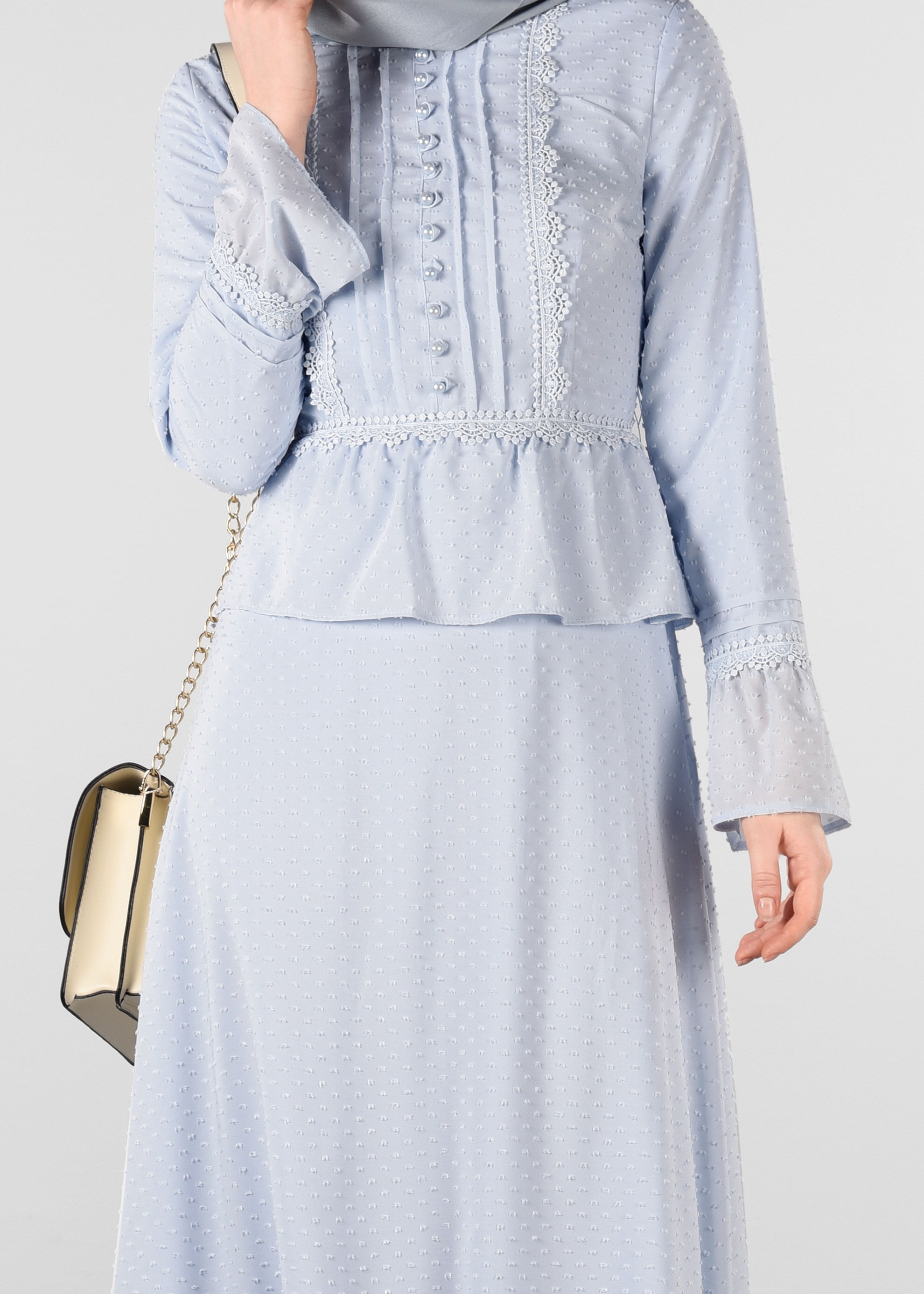 Tesettür giyim MAVİ GÜPÜR DETAYLI DESENLİ ELBİSE 4054