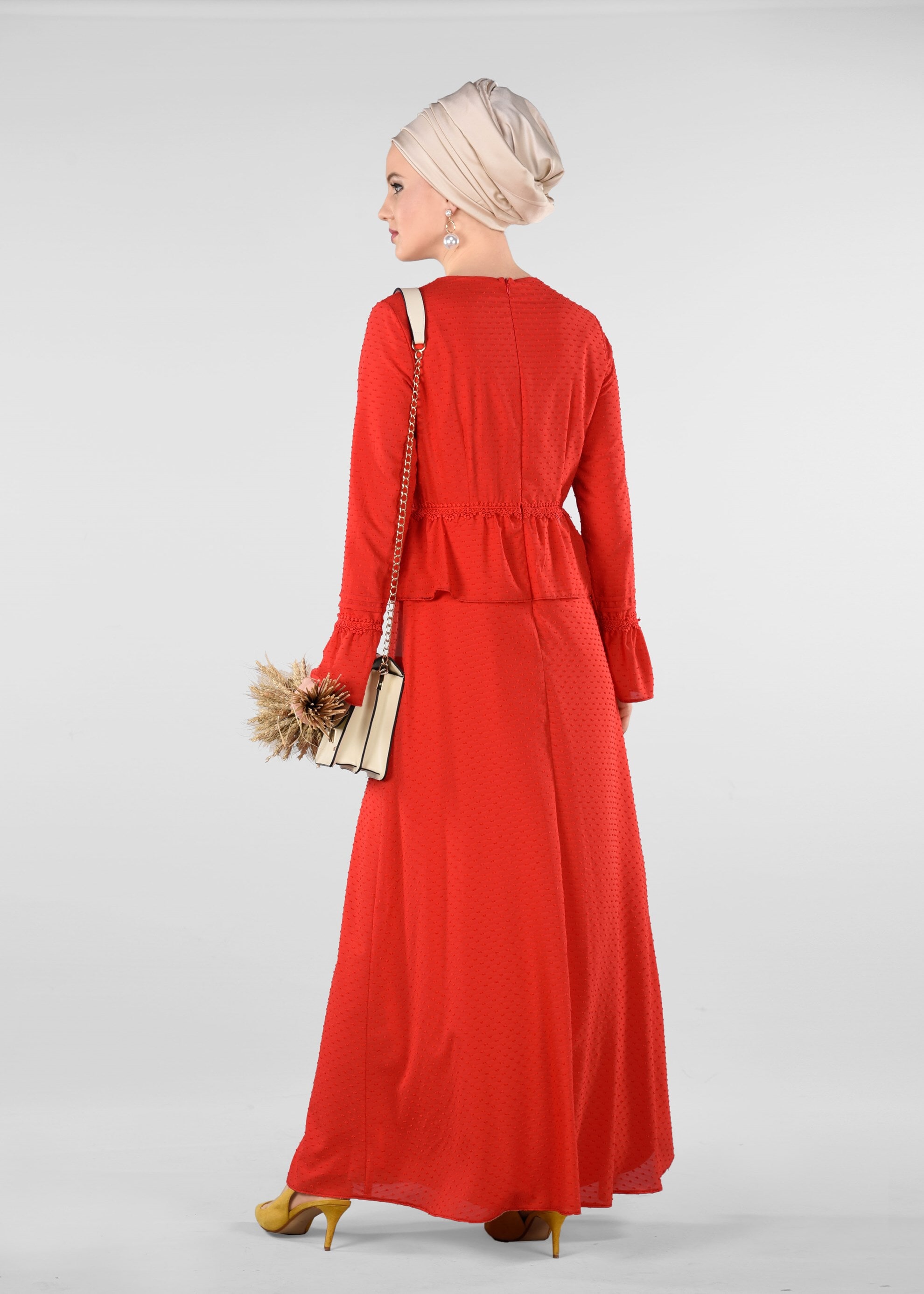 Tesettür giyim KIRMIZI GÜPÜR DETAYLI DESENLİ ELBİSE 4054