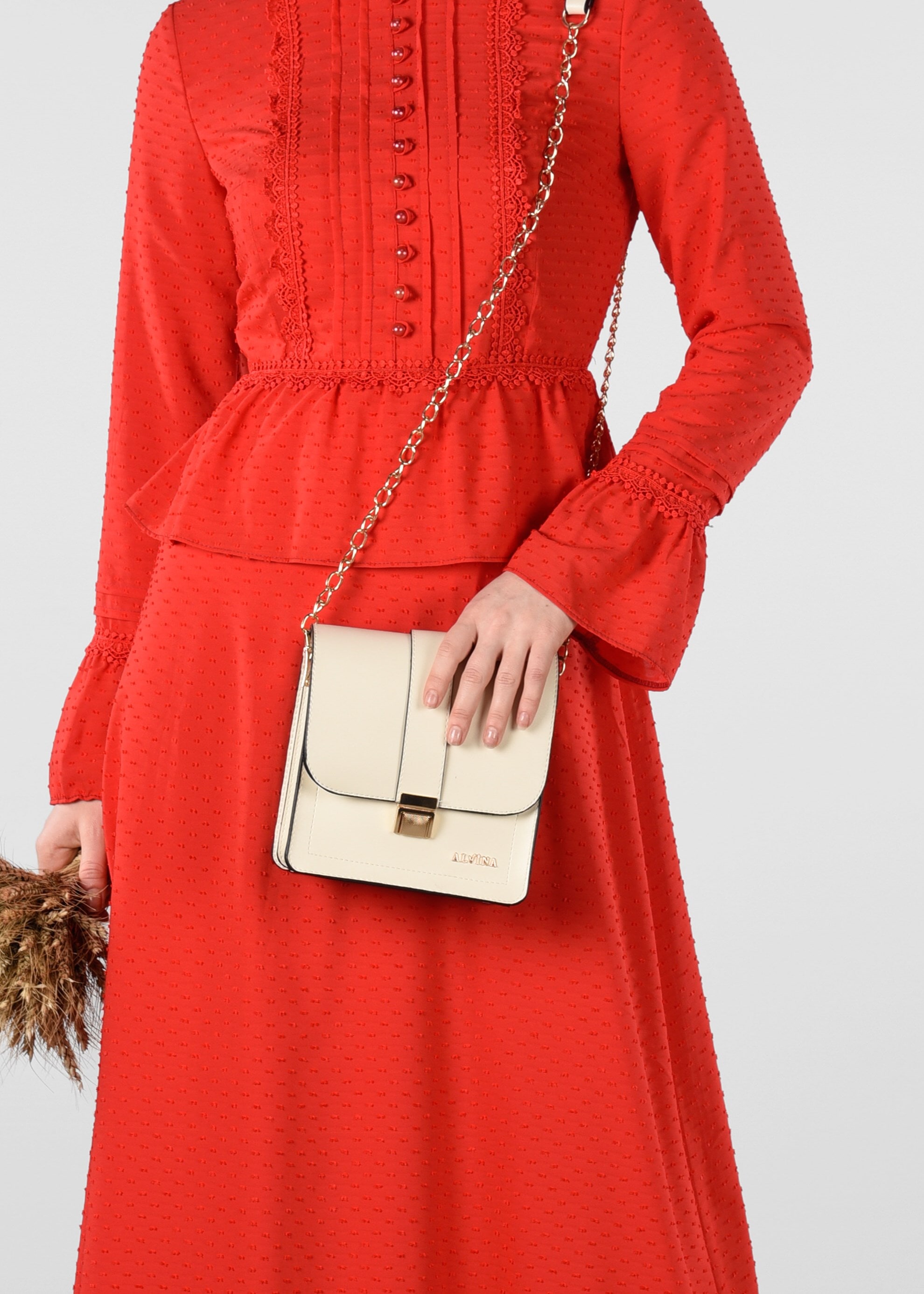 Tesettür giyim KIRMIZI GÜPÜR DETAYLI DESENLİ ELBİSE 4054