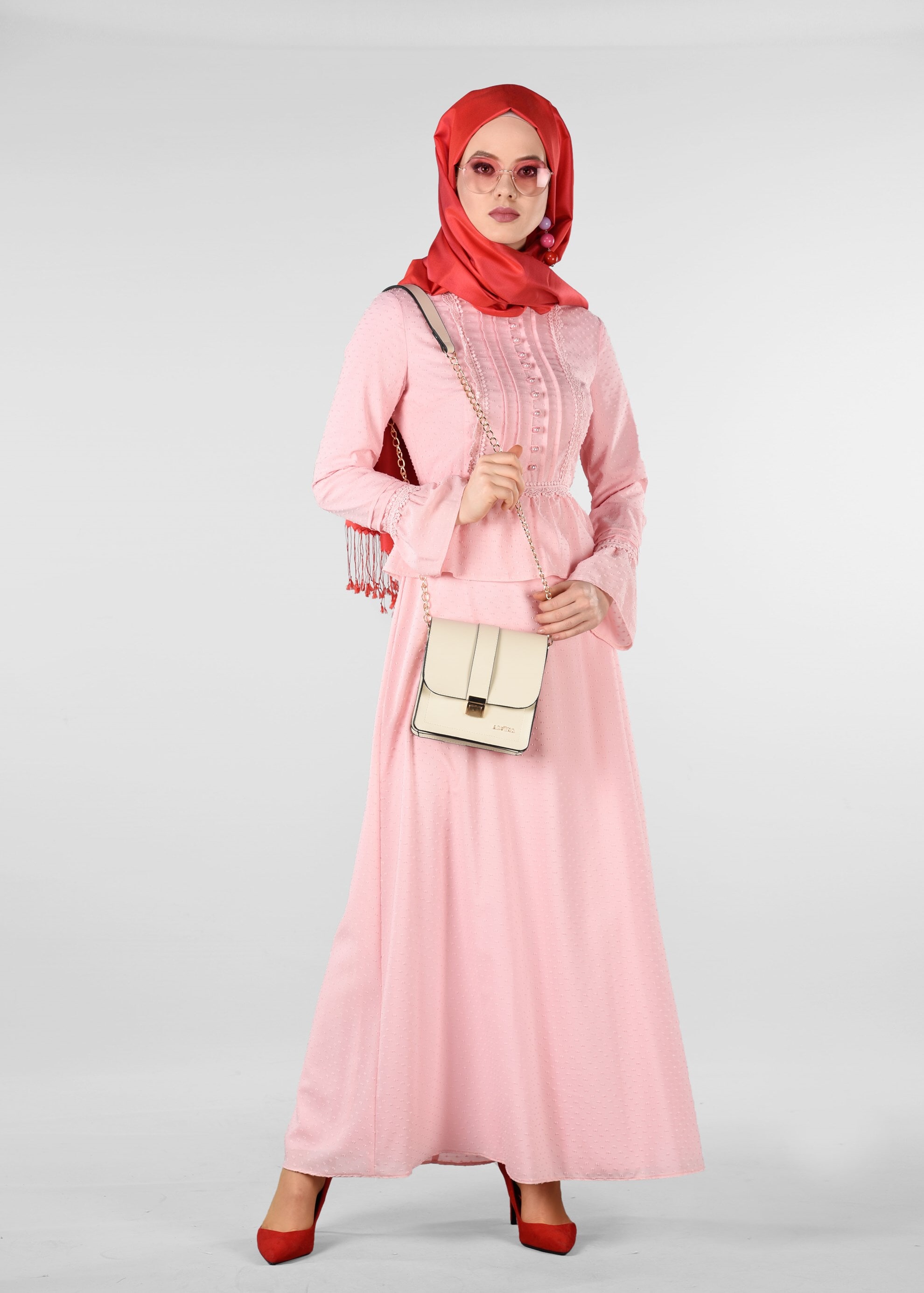 Tesettür giyim PUDRA GÜPÜR DETAYLI DESENLİ ELBİSE 4054