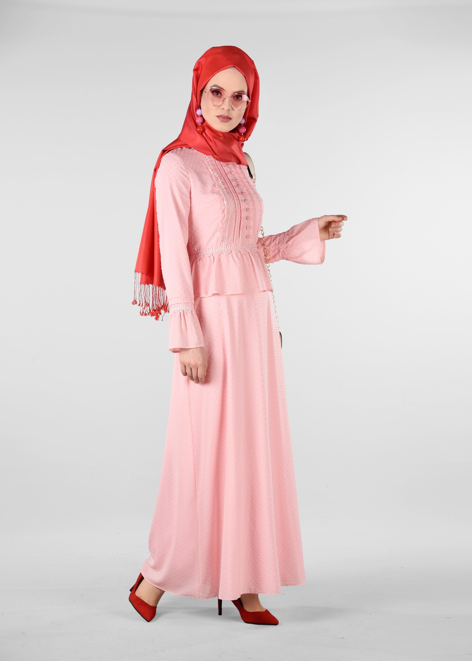 Tesettür giyim PUDRA GÜPÜR DETAYLI DESENLİ ELBİSE 4054