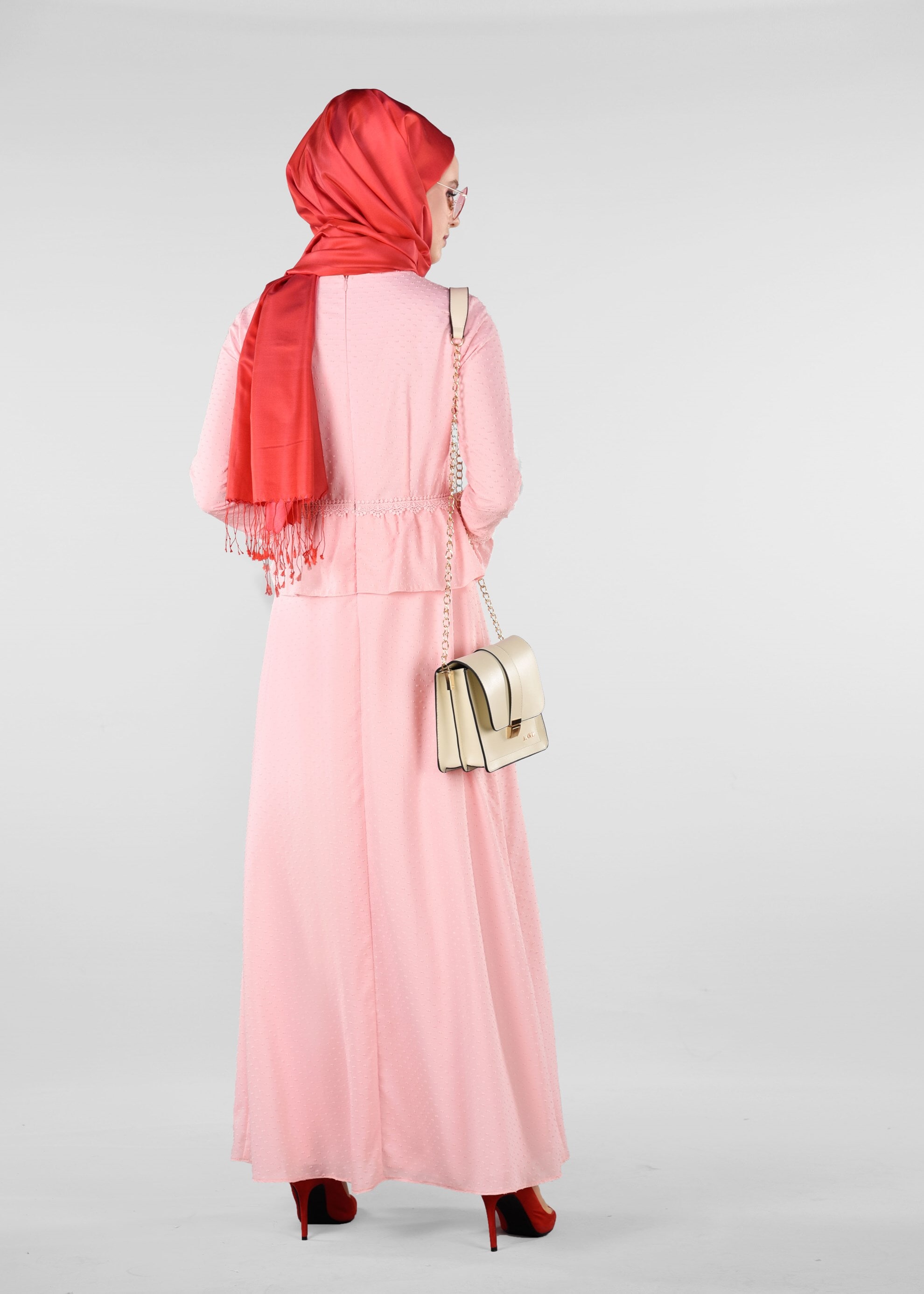 Tesettür giyim PUDRA GÜPÜR DETAYLI DESENLİ ELBİSE 4054