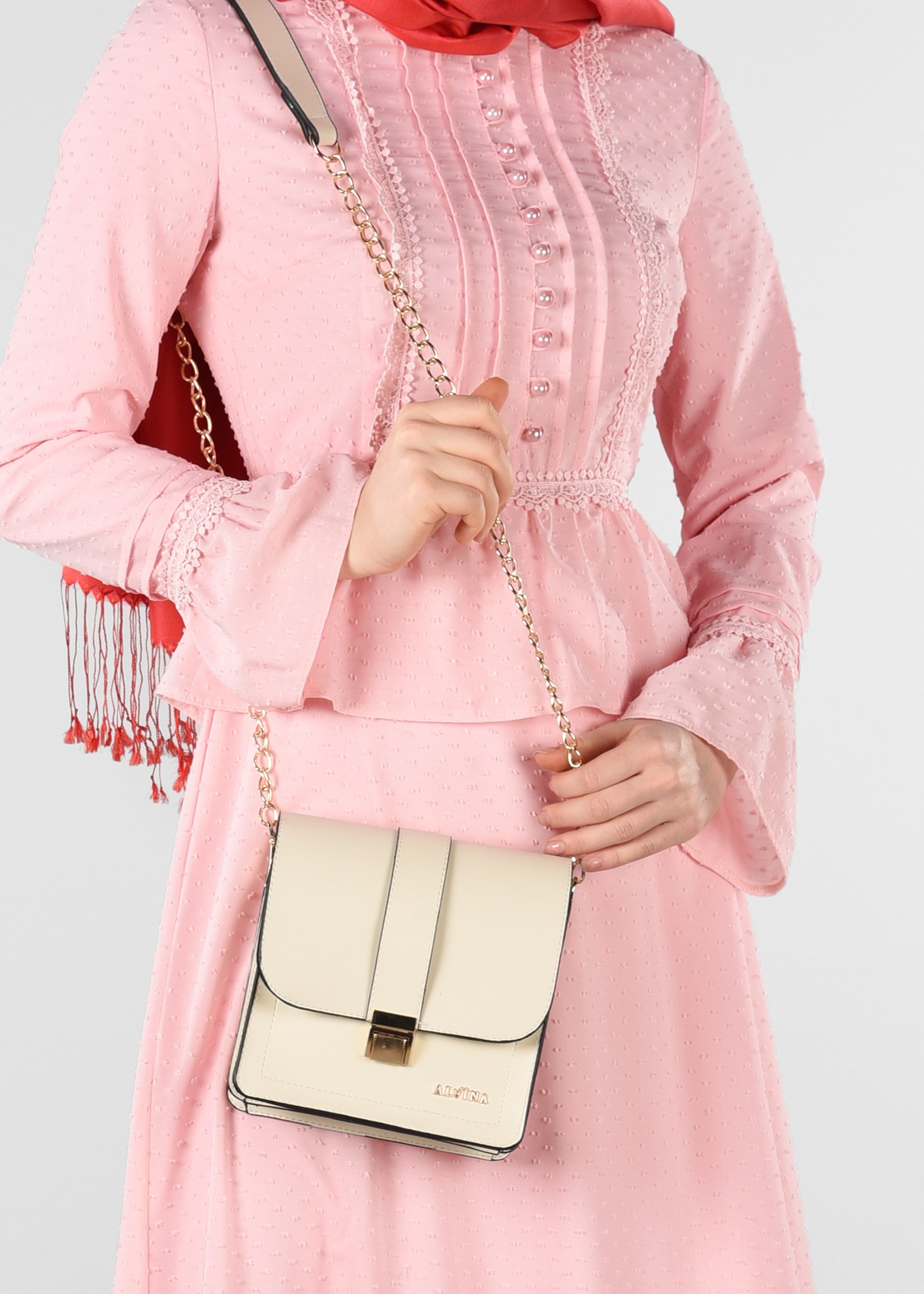 Tesettür giyim PUDRA GÜPÜR DETAYLI DESENLİ ELBİSE 4054