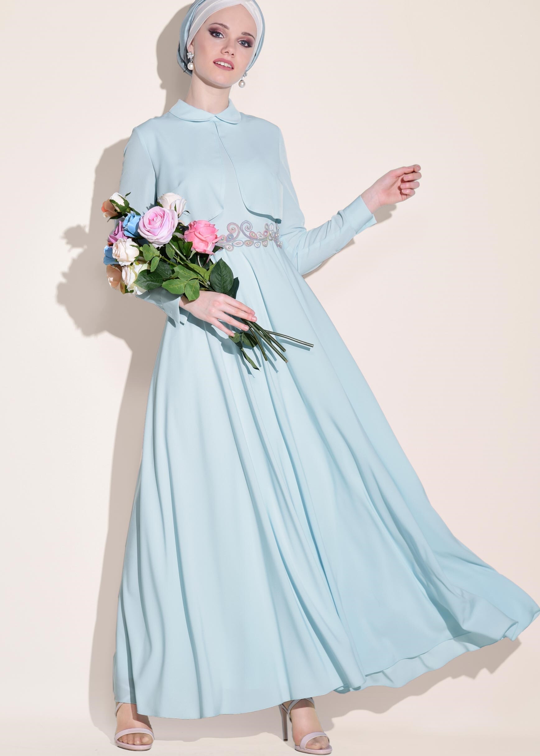 Tesettür giyim MAVİ BEBE YAKA NAKIŞLI ELBİSE 4055