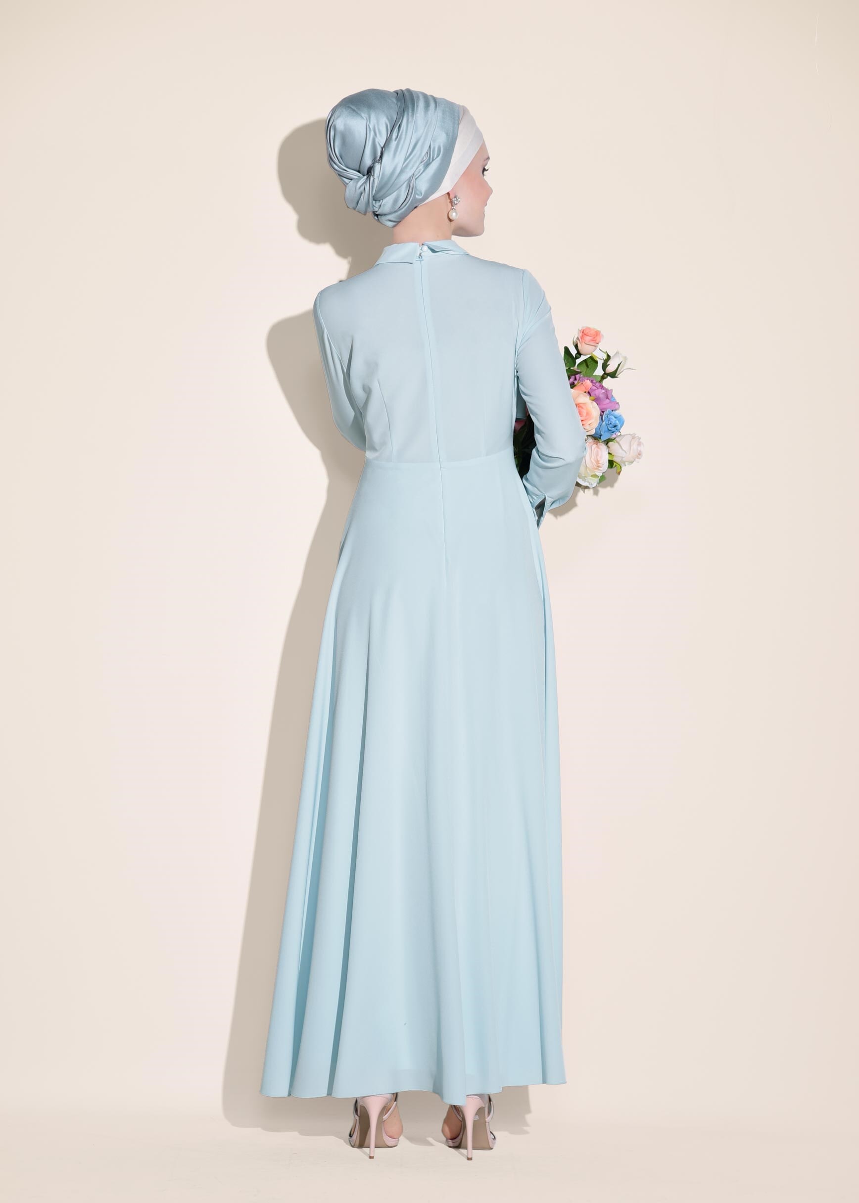 Tesettür giyim MAVİ BEBE YAKA NAKIŞLI ELBİSE 4055