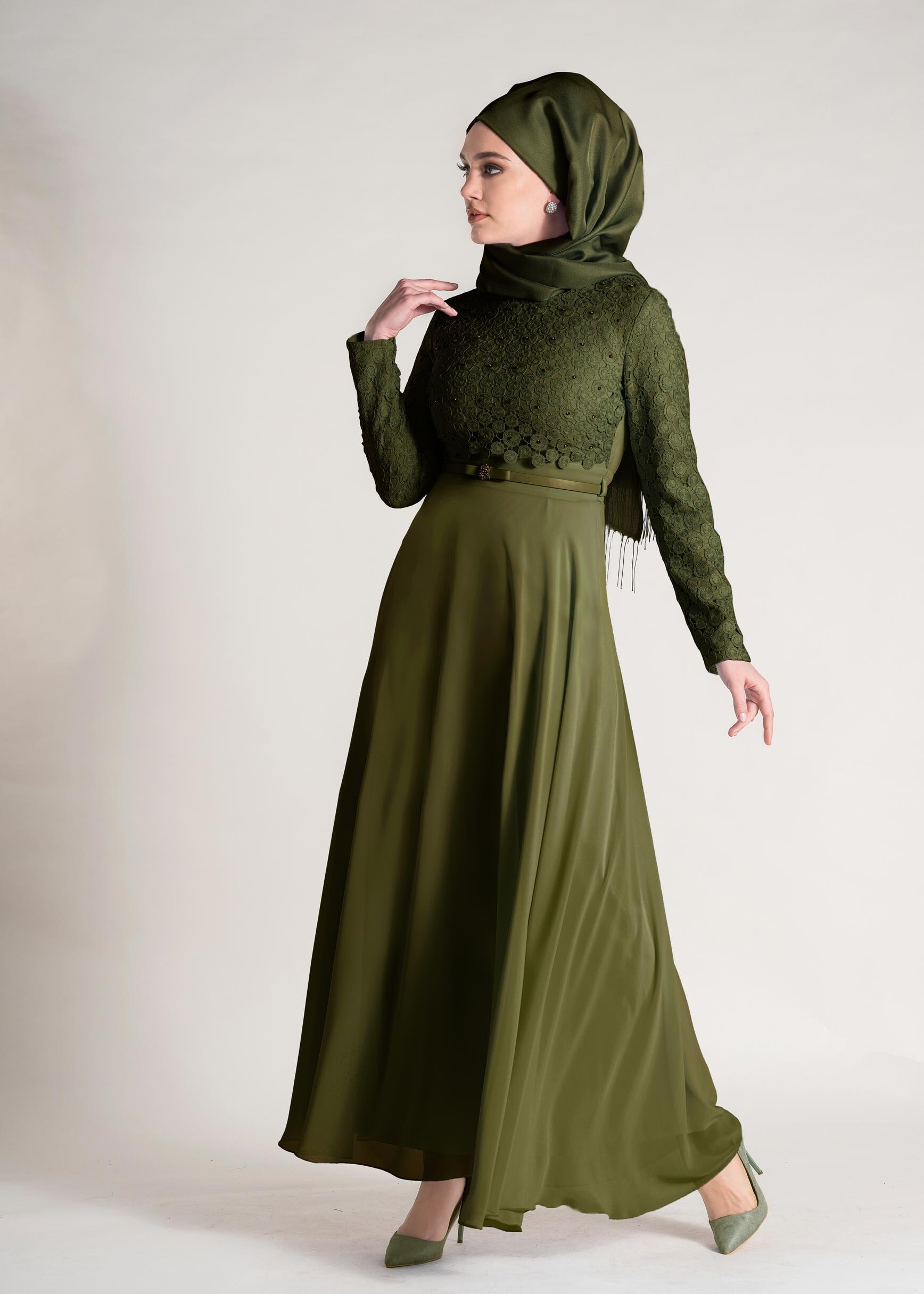 Tesettür giyim HAKİ GÜPÜR DETAYLI ŞİFON ELBİSE 4058