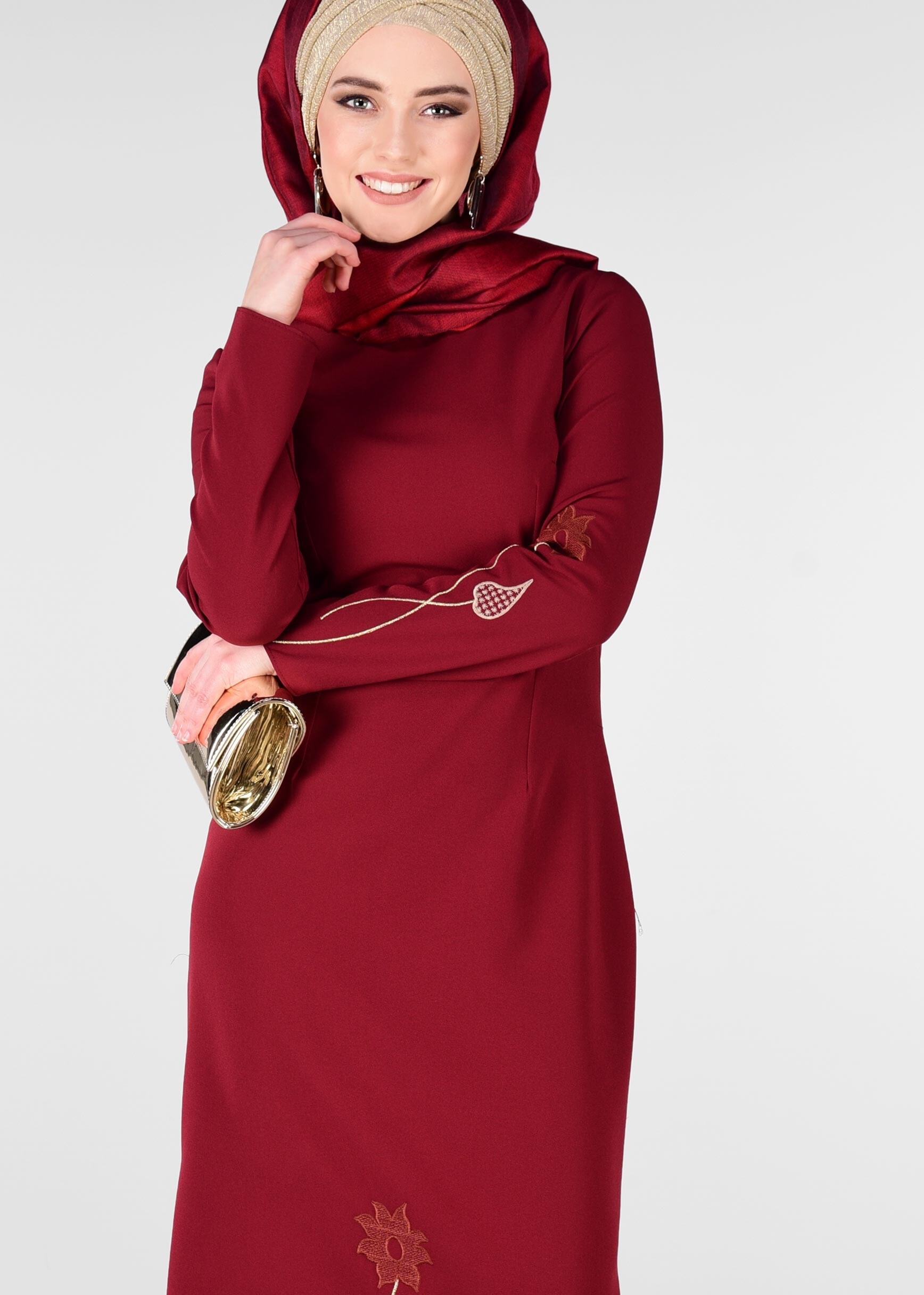 Tesettür giyim BORDO ÇİÇEK İŞLEMELİ ELBİSE 4082