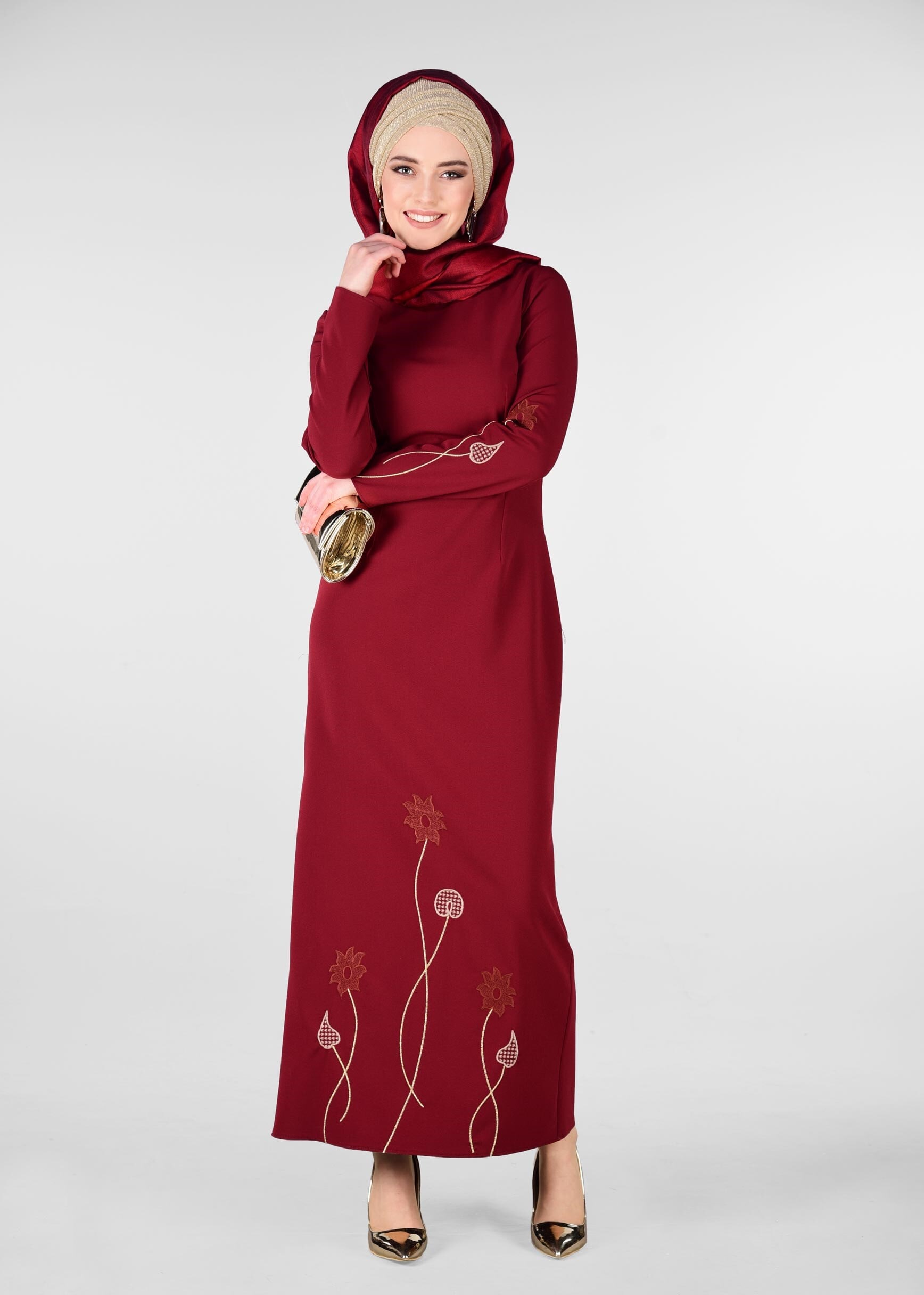 Tesettür giyim BORDO ÇİÇEK İŞLEMELİ ELBİSE 4082