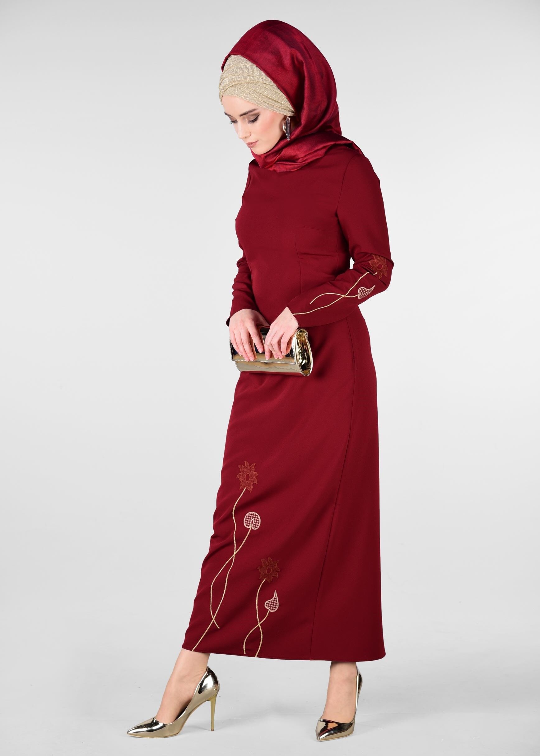 Tesettür giyim BORDO ÇİÇEK İŞLEMELİ ELBİSE 4082