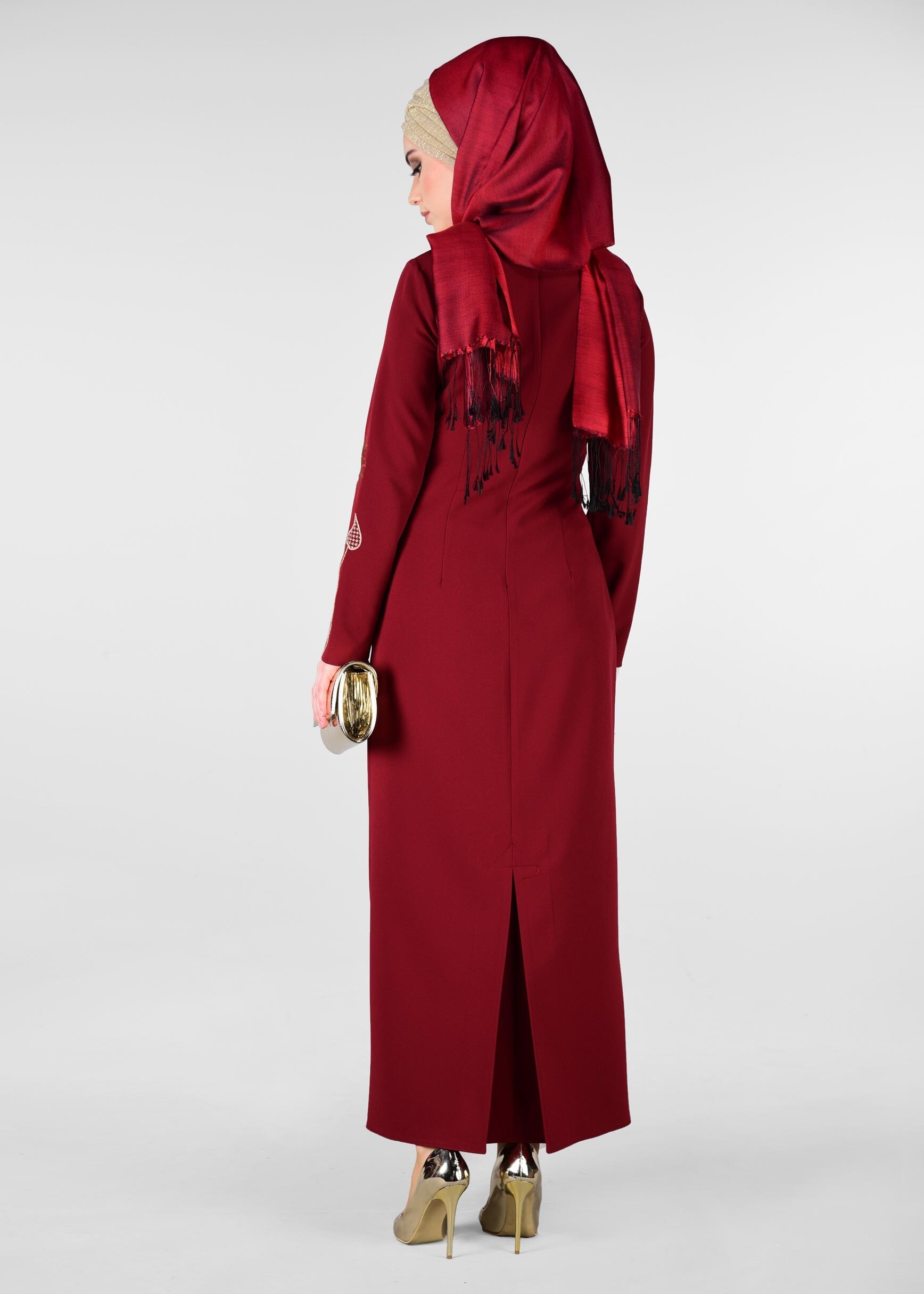 Tesettür giyim BORDO ÇİÇEK İŞLEMELİ ELBİSE 4082