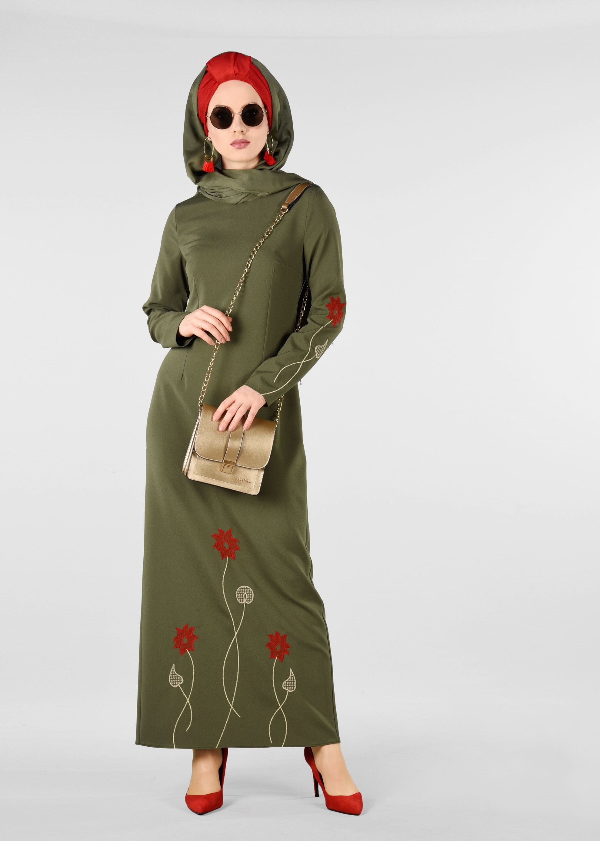 Tesettür giyim HAKİ ÇİÇEK İŞLEMELİ ELBİSE 4082