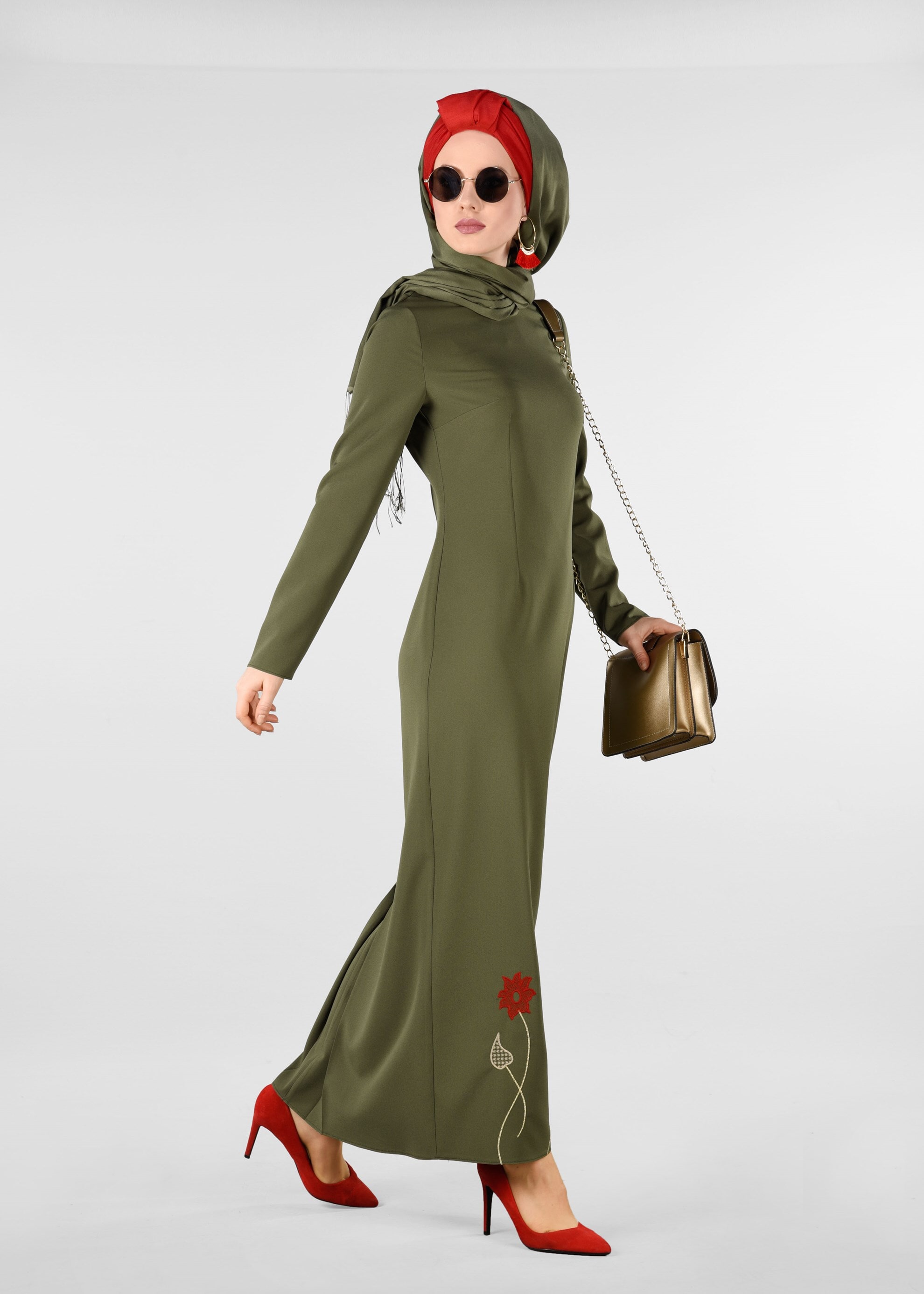 Tesettür giyim HAKİ ÇİÇEK İŞLEMELİ ELBİSE 4082